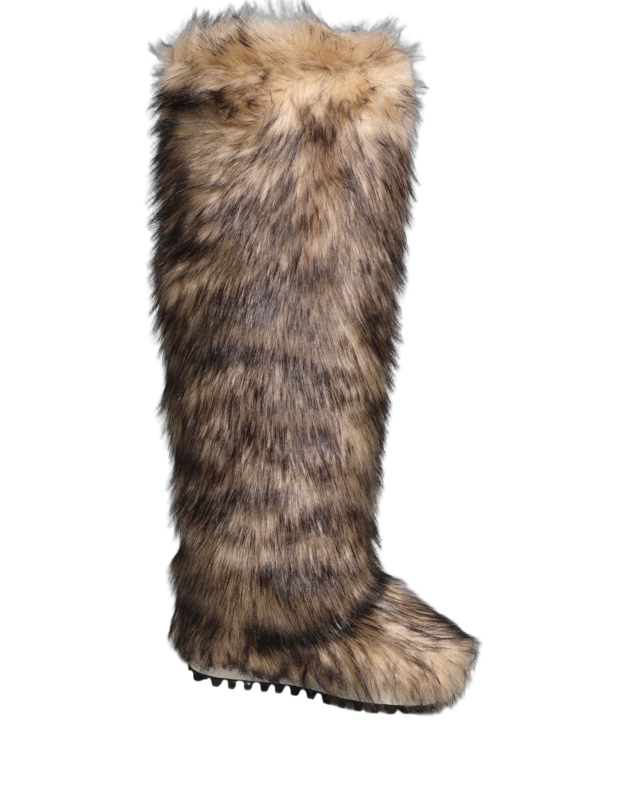 Bottes hautes en fausse fourrure marron Dolce & Gabbana, style ski, avec talons et design élégant visible sur l'image.