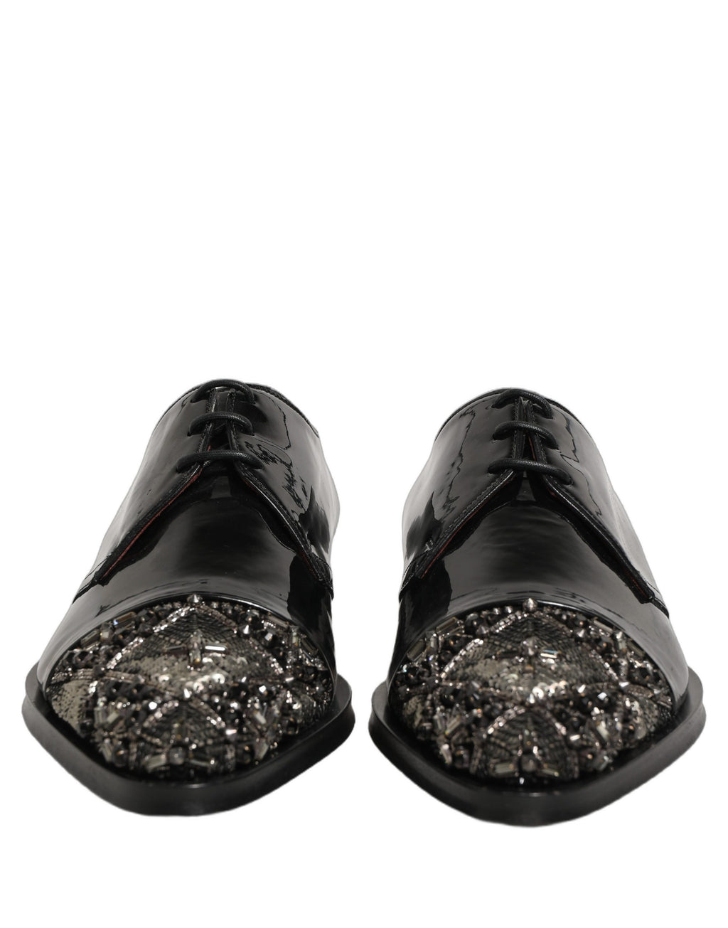 Chaussures Derby formelles noires Dolce & Gabbana pour hommes avec embellissements élégants, vue de face.