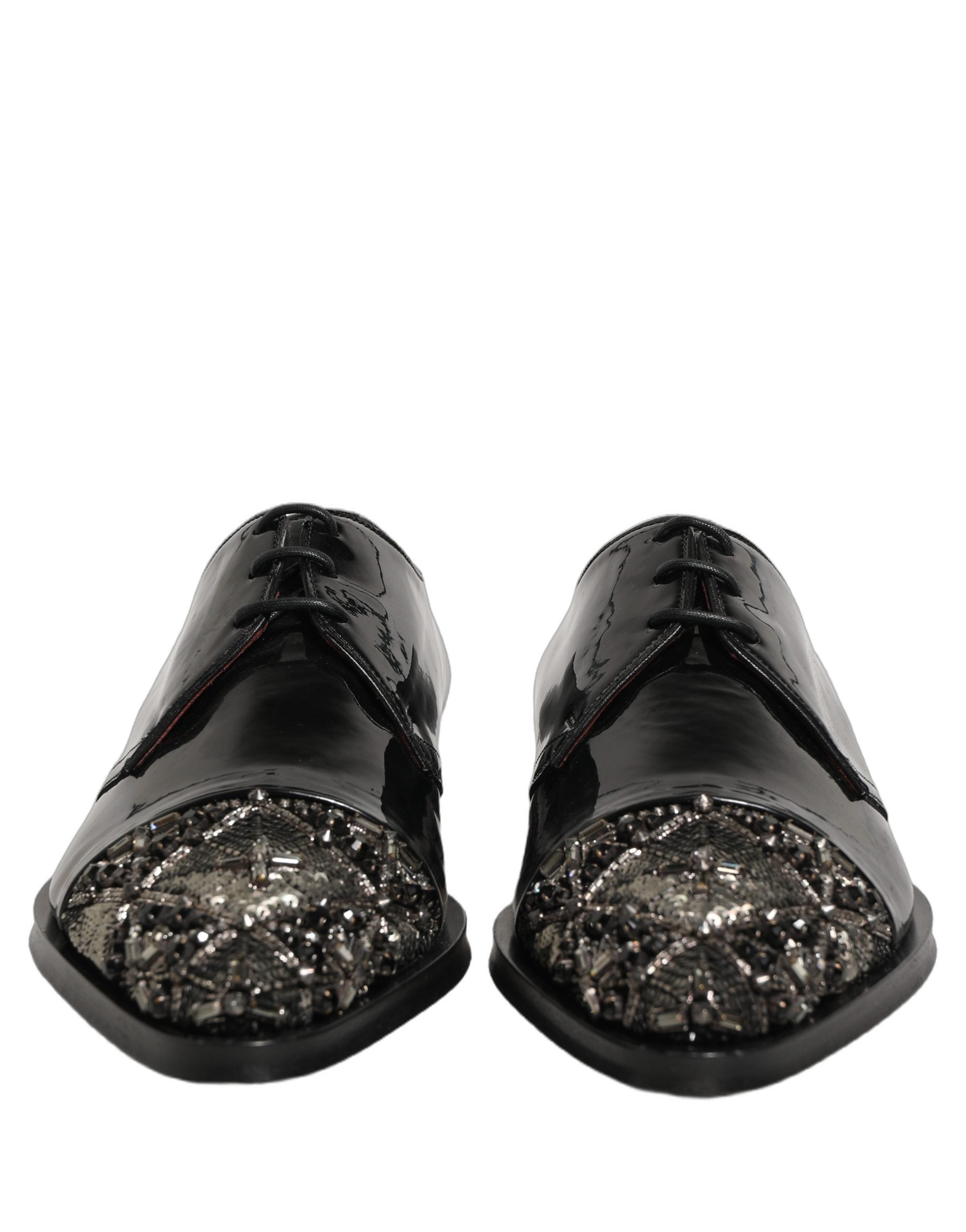 Chaussures Derby formelles noires Dolce & Gabbana pour hommes avec embellissements élégants, vue de face.