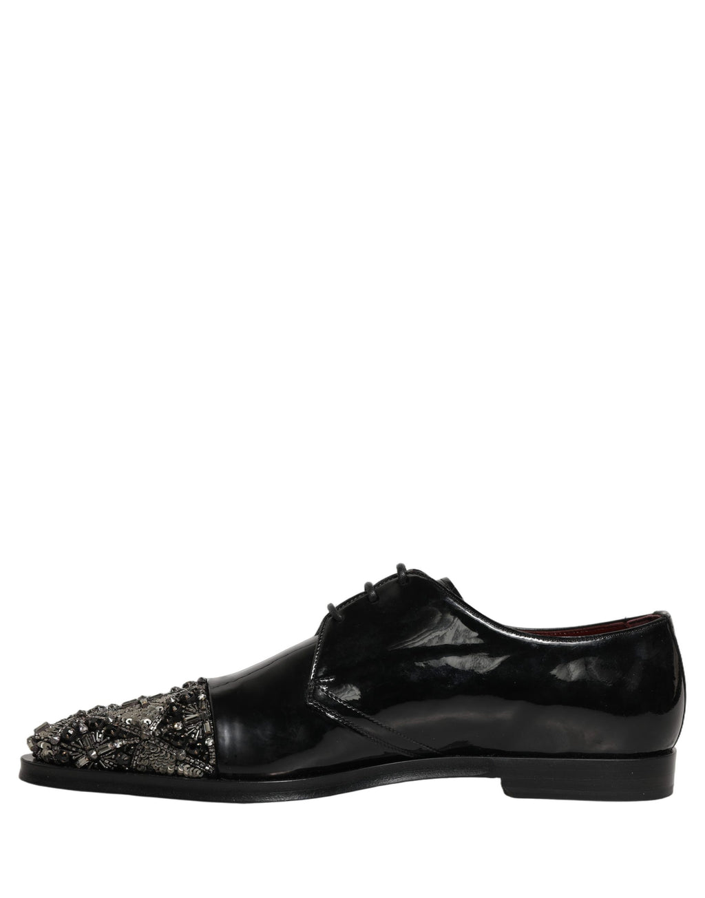 Chaussures derby pour homme Dolce & Gabbana noires ornées de détails brillants, chaussures de ville élégantes et formelles.