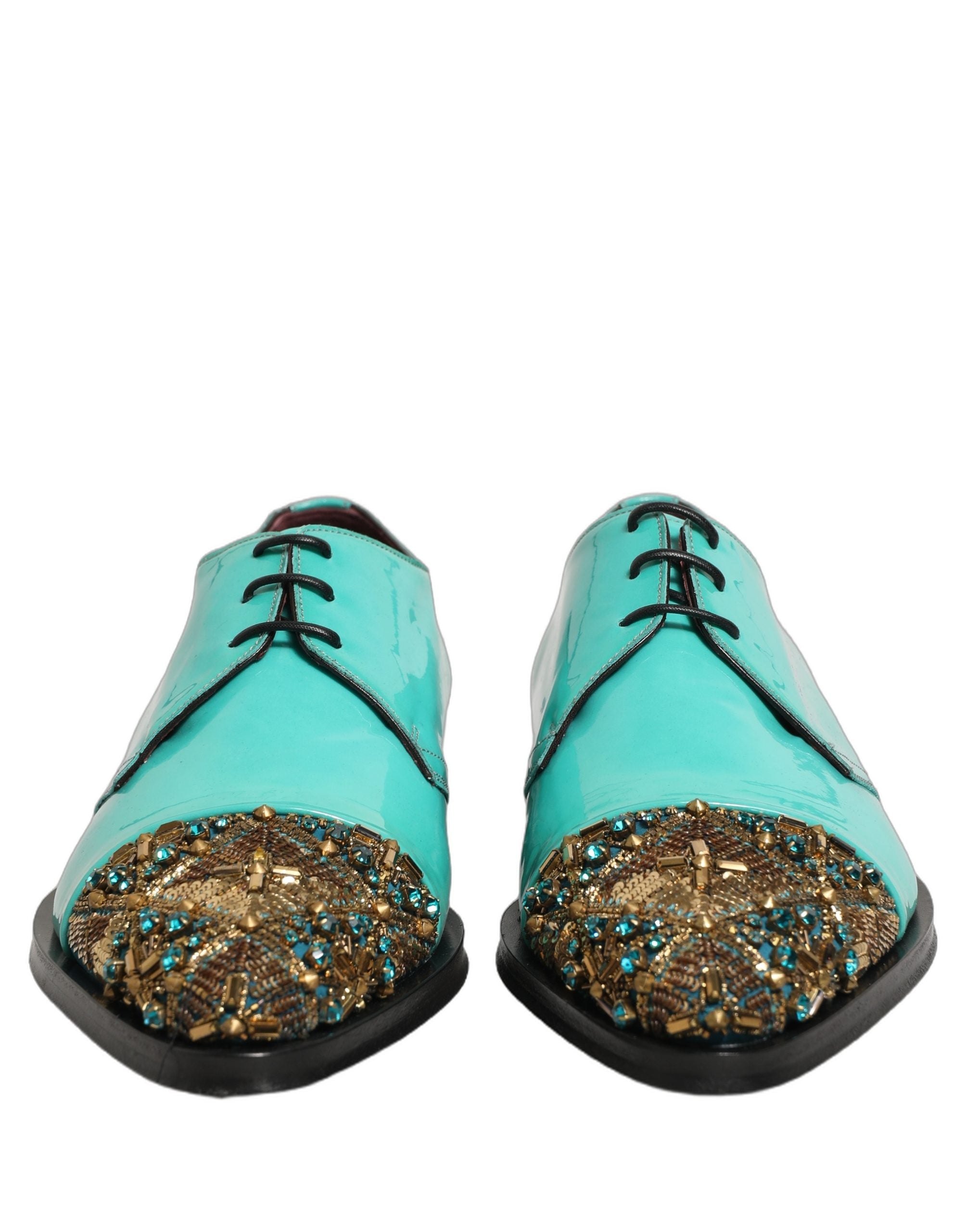 Chaussures derby Dolce & Gabbana Aqua Blue ornées de détails brillants, chaussures formelles élégantes pour hommes.