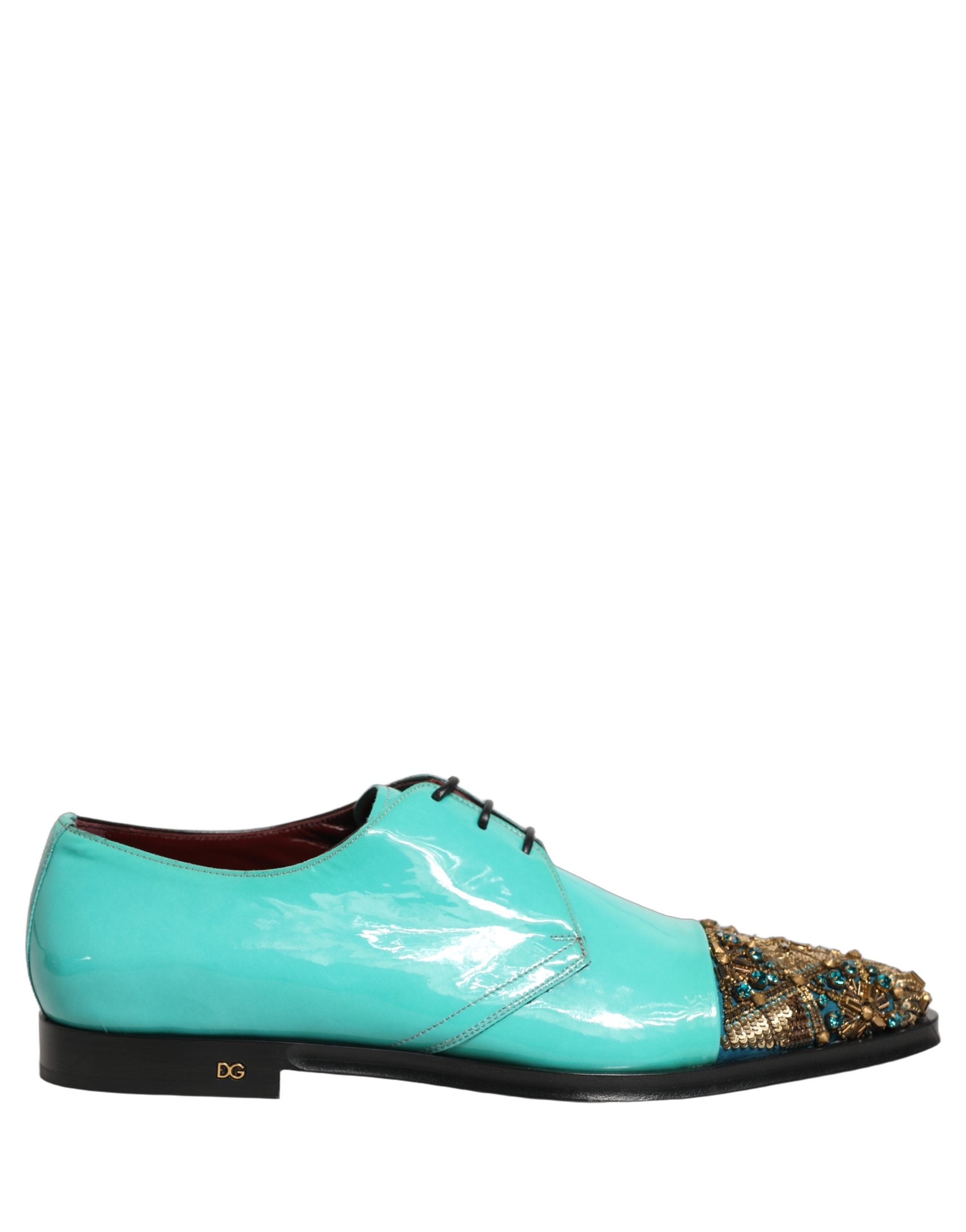 Chaussures derby formelles Dolce & Gabbana Aqua Blue avec embellissements, en cuir brillant et semelle élégante.