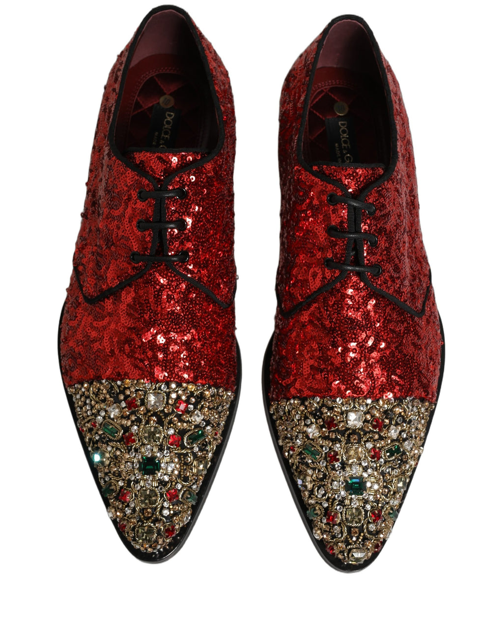 Chaussures derby pour homme Dolce & Gabbana rouge à sequins ornés d embellissements brillants.