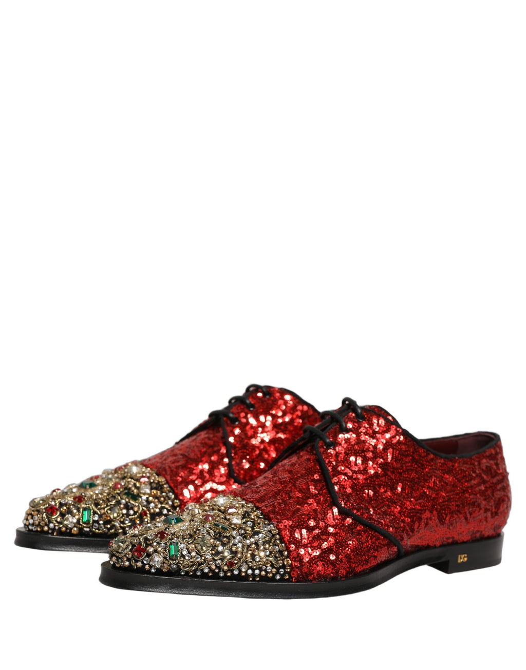 Chaussures Derby pour hommes Dolce & Gabbana rouges ornées de sequins brillants et embellissements élégants.