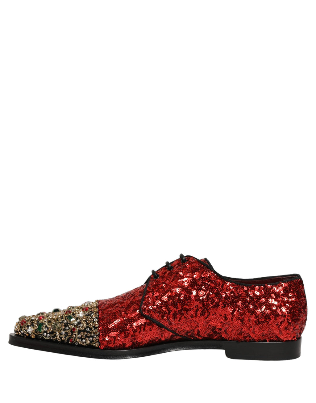 Chaussures derby pour homme Dolce & Gabbana rouge à sequins brillants et ornements élégants.