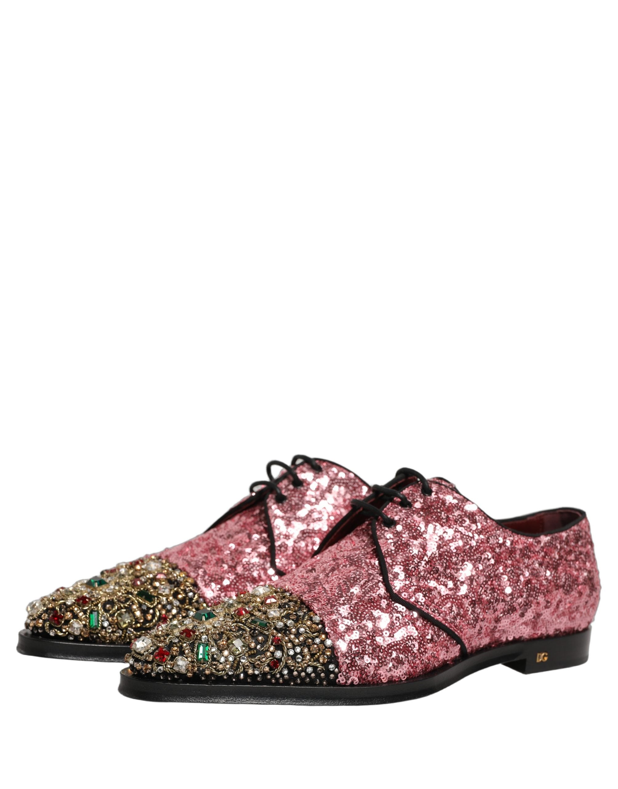 Chaussures derby pour homme Dolce & Gabbana roses avec sequins brillants, élégantes et ornées de détails scintillants.