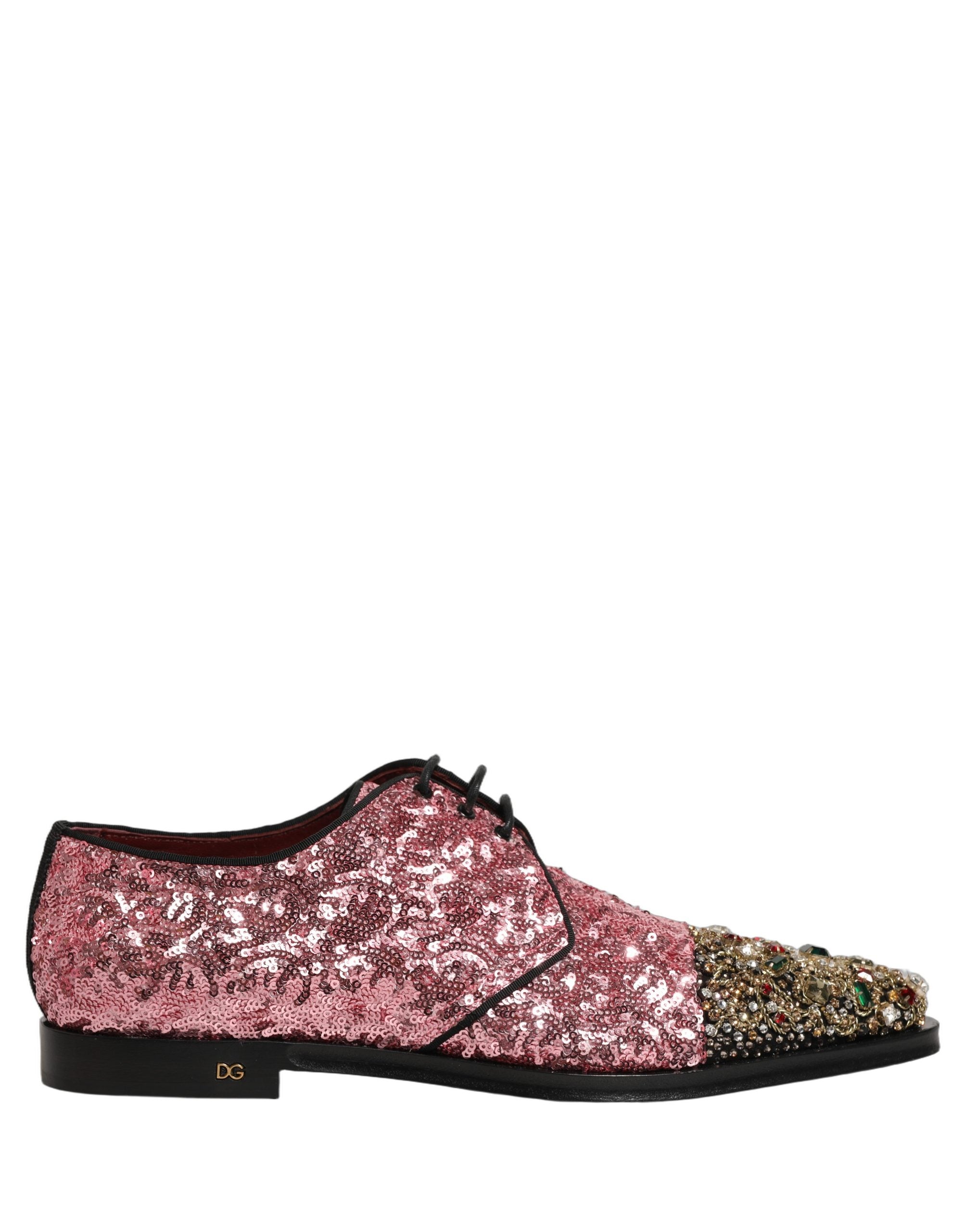 Chaussures Derby pour homme Dolce & Gabbana roses avec sequins brillants et embellissements élégants.