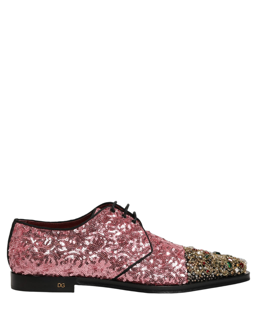 Chaussures derby pour homme Dolce & Gabbana roses à sequins roses et embellissements élégants, en cuir noir brillant.