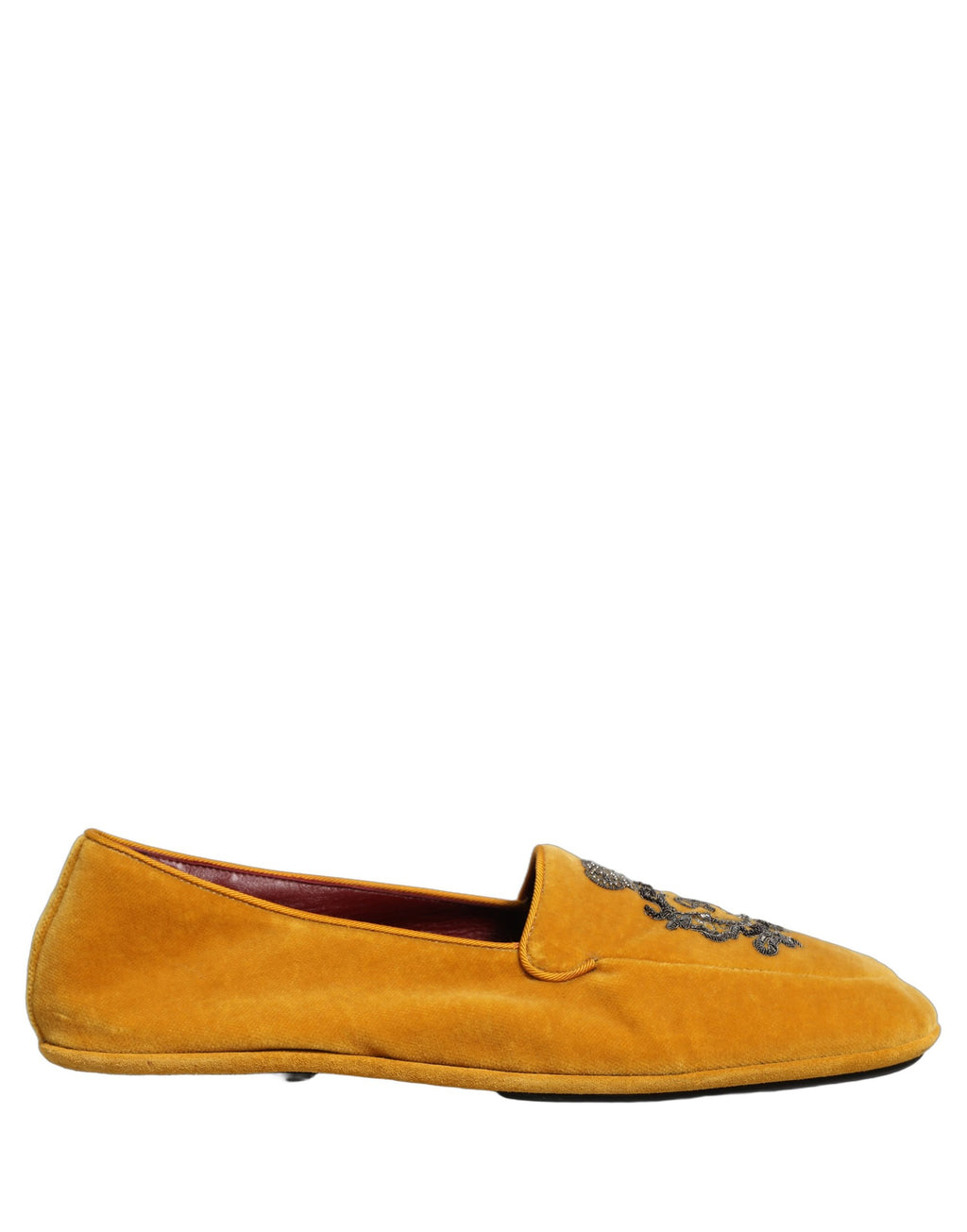 Chaussures loafers Dolce & Gabbana en velours jaune avec broderie de couronne, style élégant et sophistiqué.