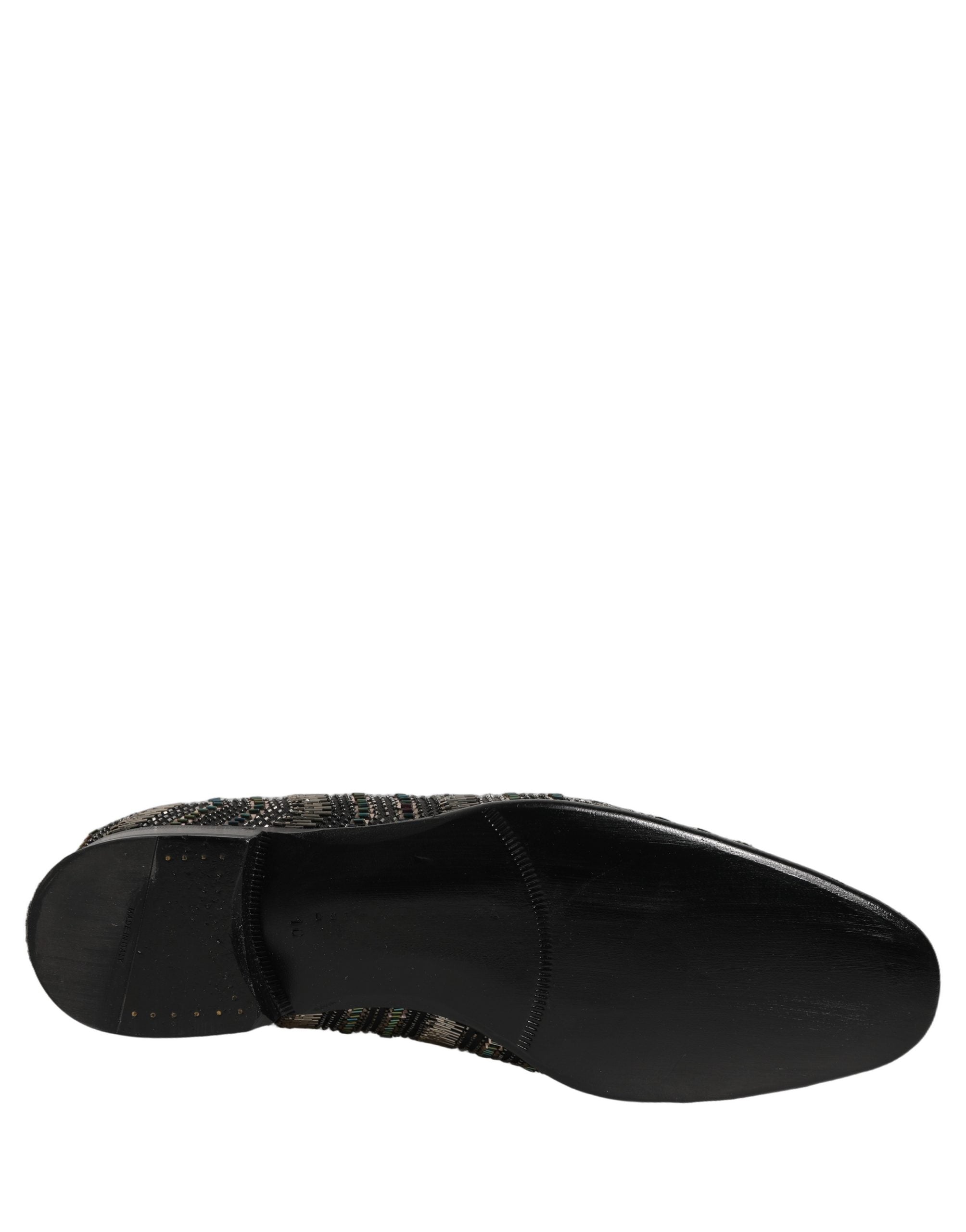Chaussures mocassins Dolce & Gabbana noires et argentées avec embellissements, slips-on élégants en cuir.