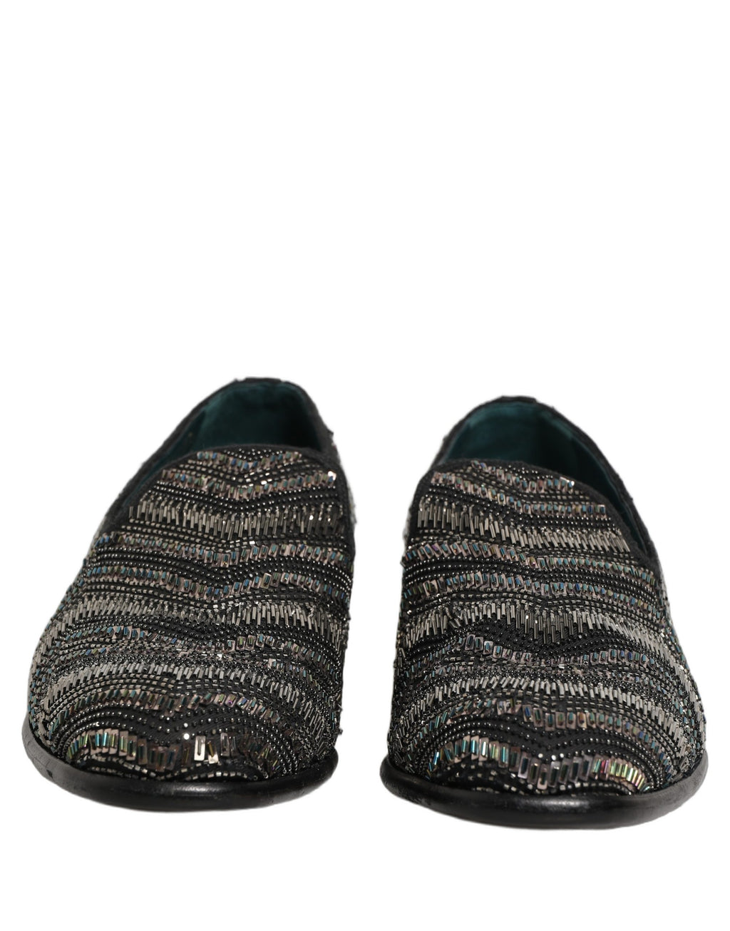 Chaussures mocassins Dolce & Gabbana noires et argentées avec embellissements brillants, style slip-on.