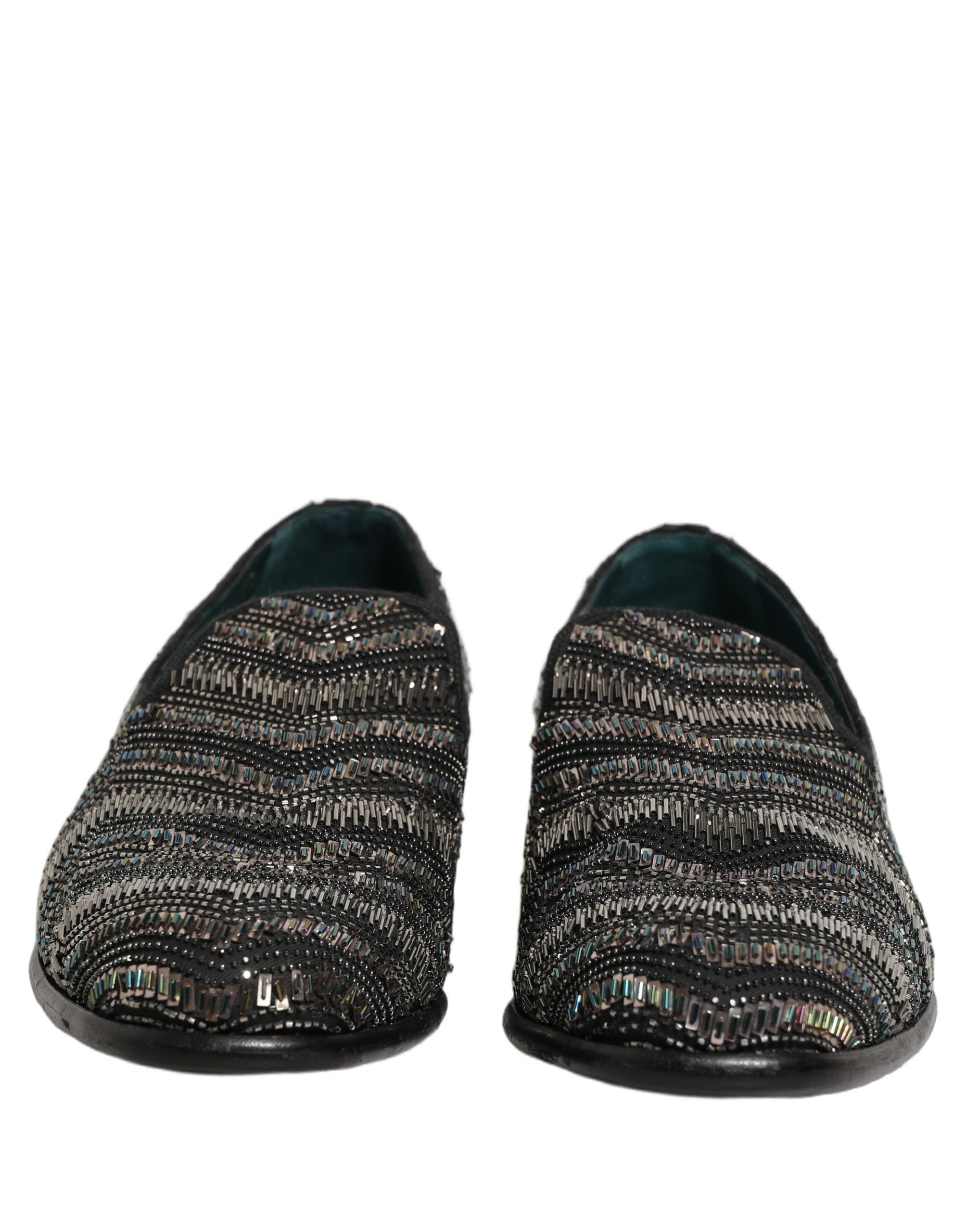Chaussures mocassins Dolce & Gabbana noires et argentées avec embellissements brillants, style slip-on.
