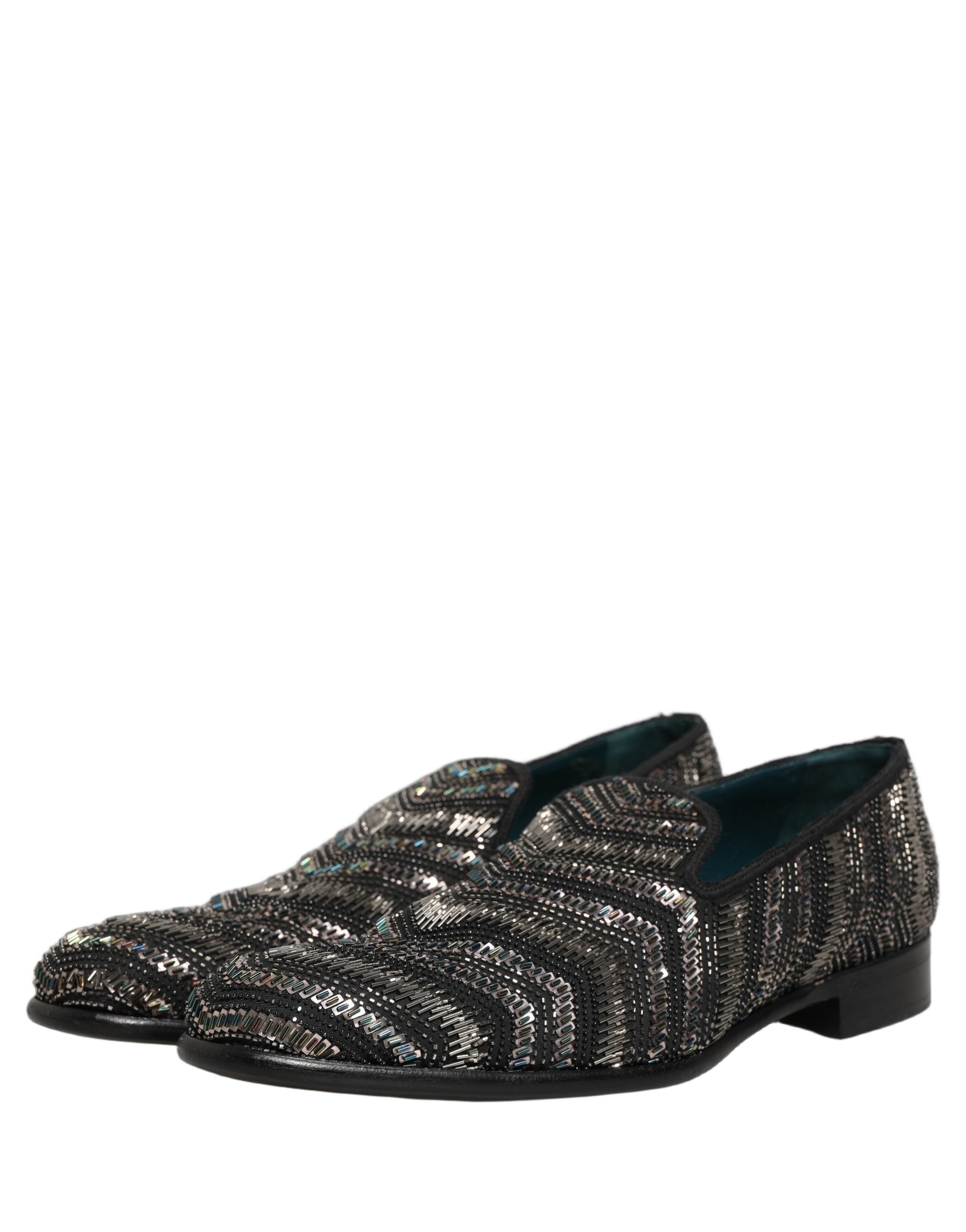 Chaussures mocassins Dolce & Gabbana noires et argentées avec embellissements, slip-on élégants et sophistiqués.