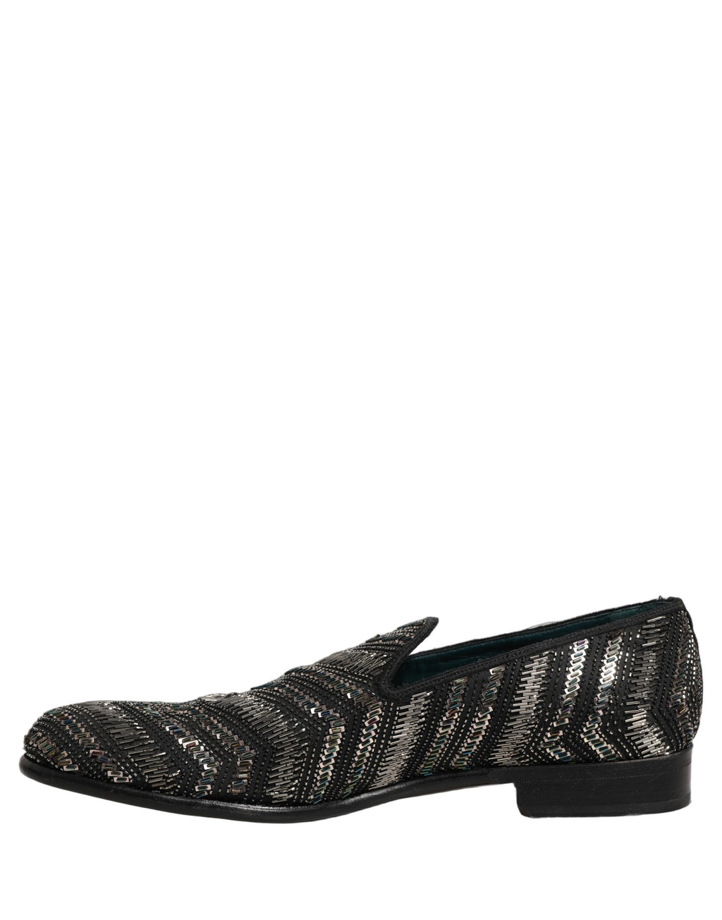 Chaussures mocassins Dolce & Gabbana noires et argentées avec embellissements, style slip-on, en cuir élégant.