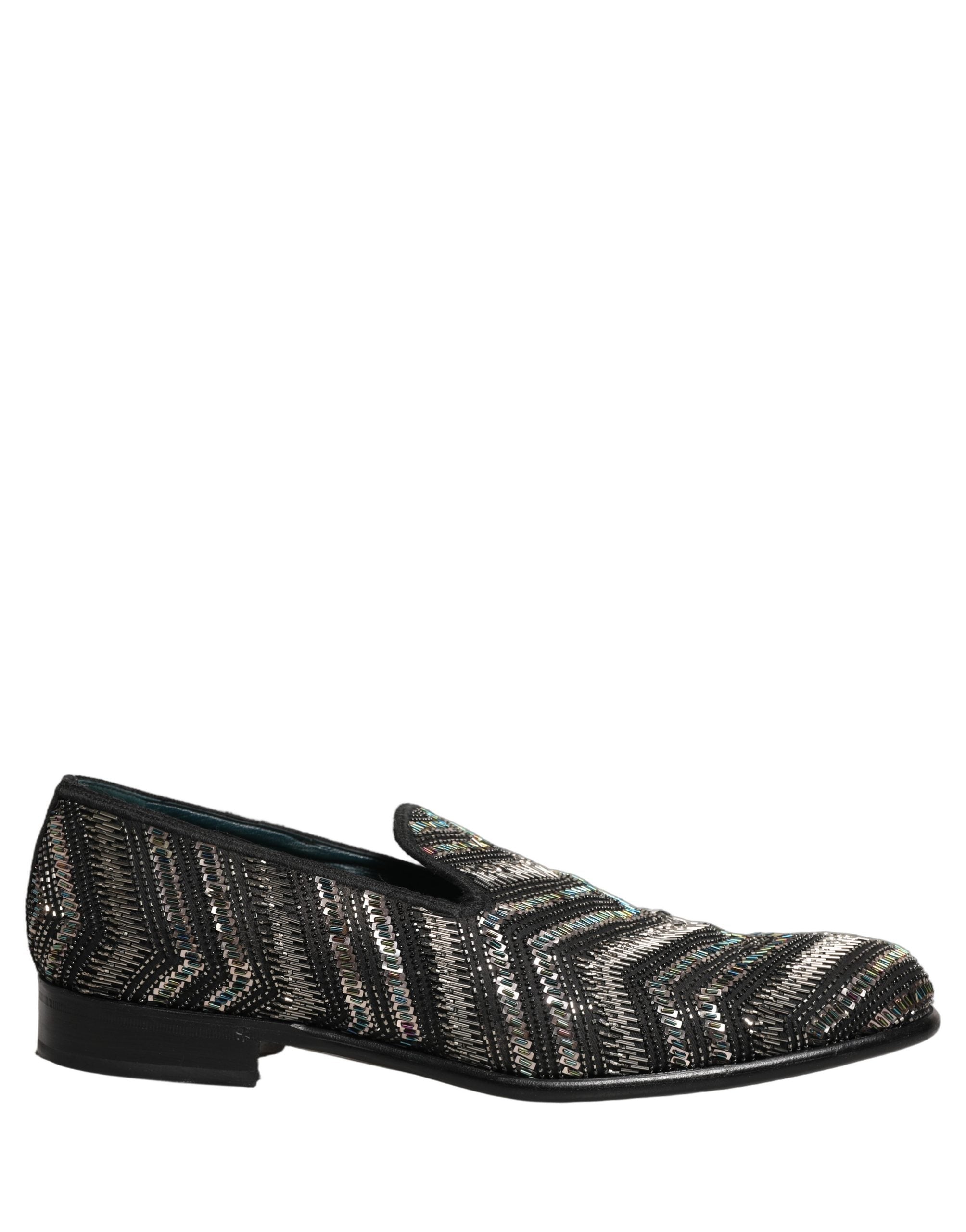 Chaussures mocassins Dolce & Gabbana noires et argentées avec embellissements, slip-on élégants et sophistiqués.