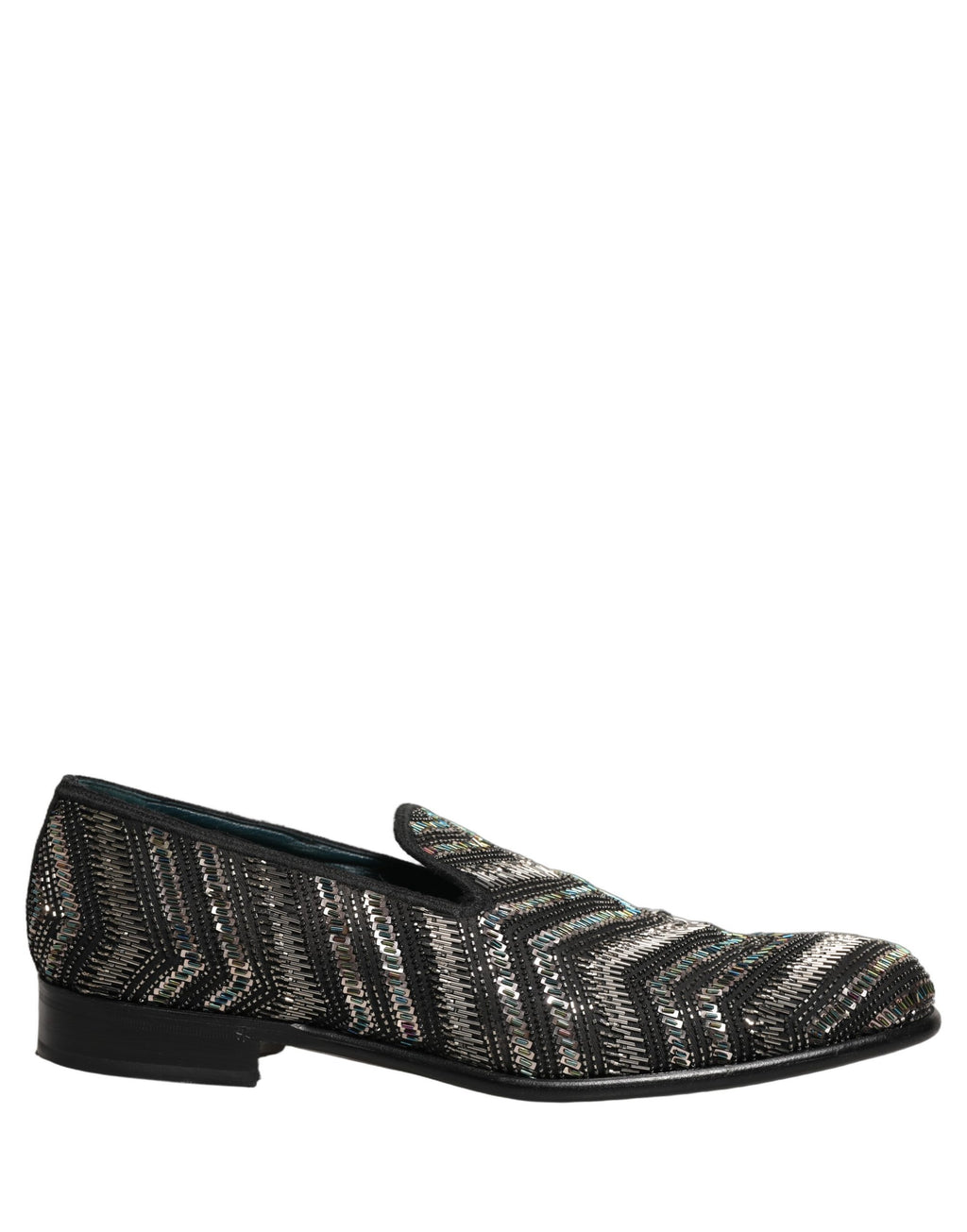 Chaussures mocassins Dolce & Gabbana noires et argentées avec embellissements brillants, style slip-on, vue de face.