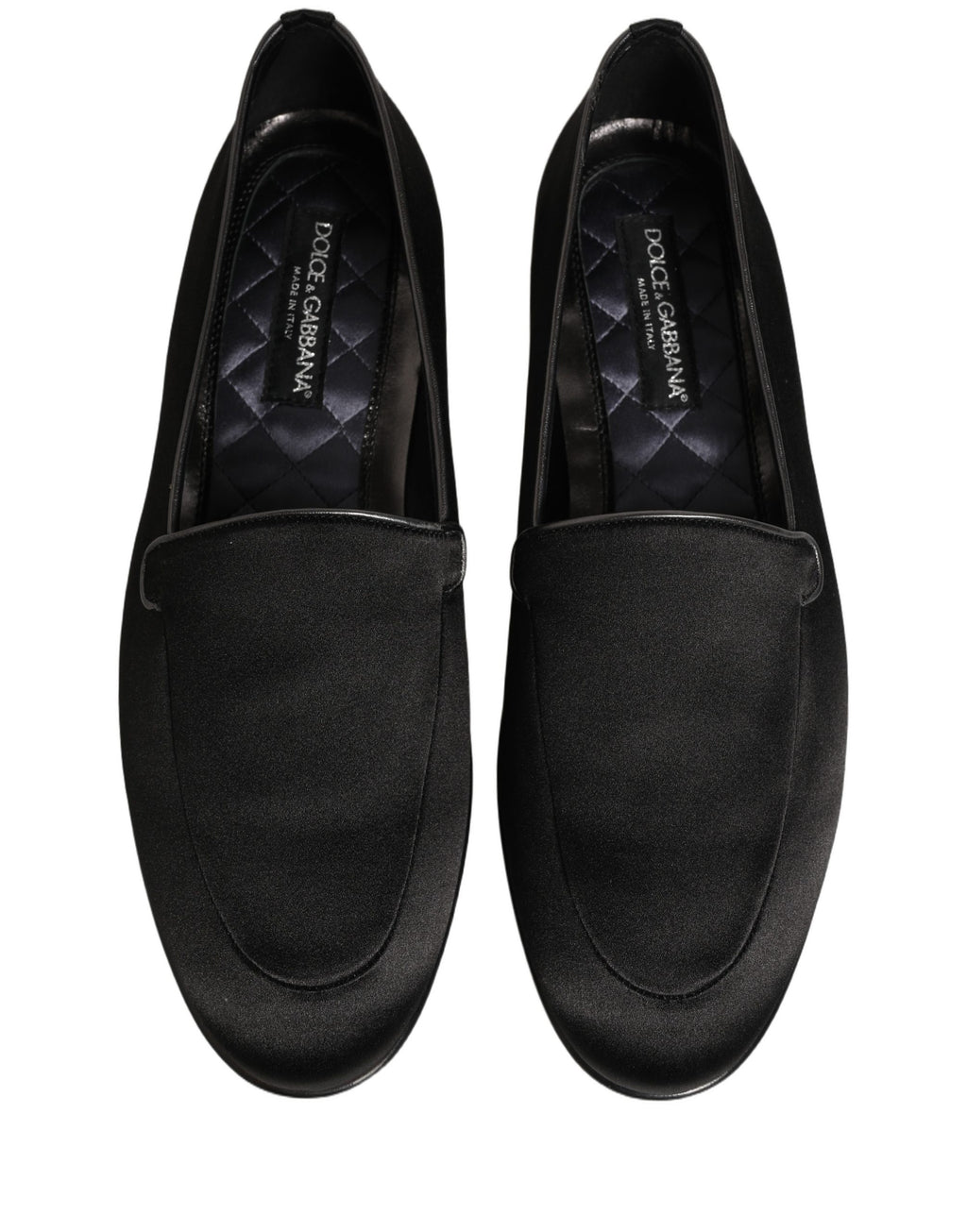Chaussures Dolce & Gabbana en satin noir, slippers logo slip-on plates-formes élégantes et confortables.