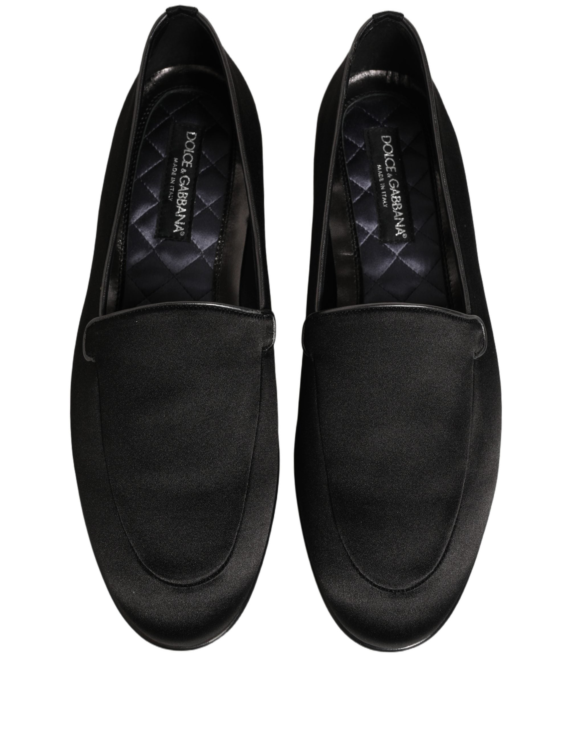 Chaussures Dolce & Gabbana en satin noir, slippers logo slip-on plates-formes élégantes et confortables.