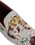 Chaussures loafers Dolce & Gabbana gris avec broderie d'ange, couronne et rose, en cuir élégante et détaillée.