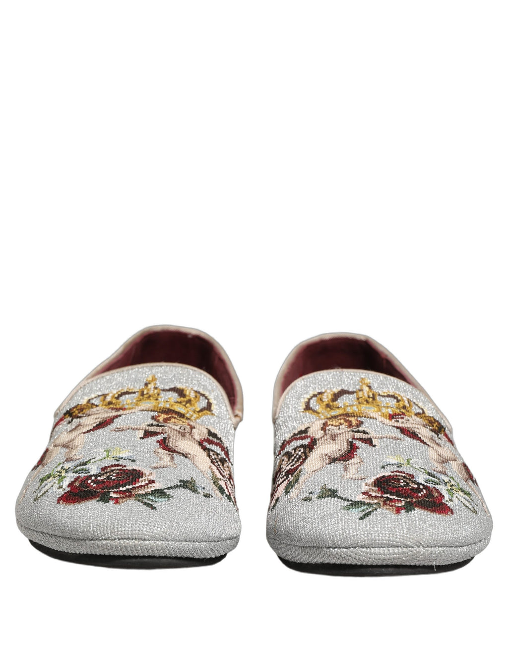Chaussures mocassins Dolce & Gabbana gris avec broderie de rose couronne et ange, finition élégante et détails sophistiqués.