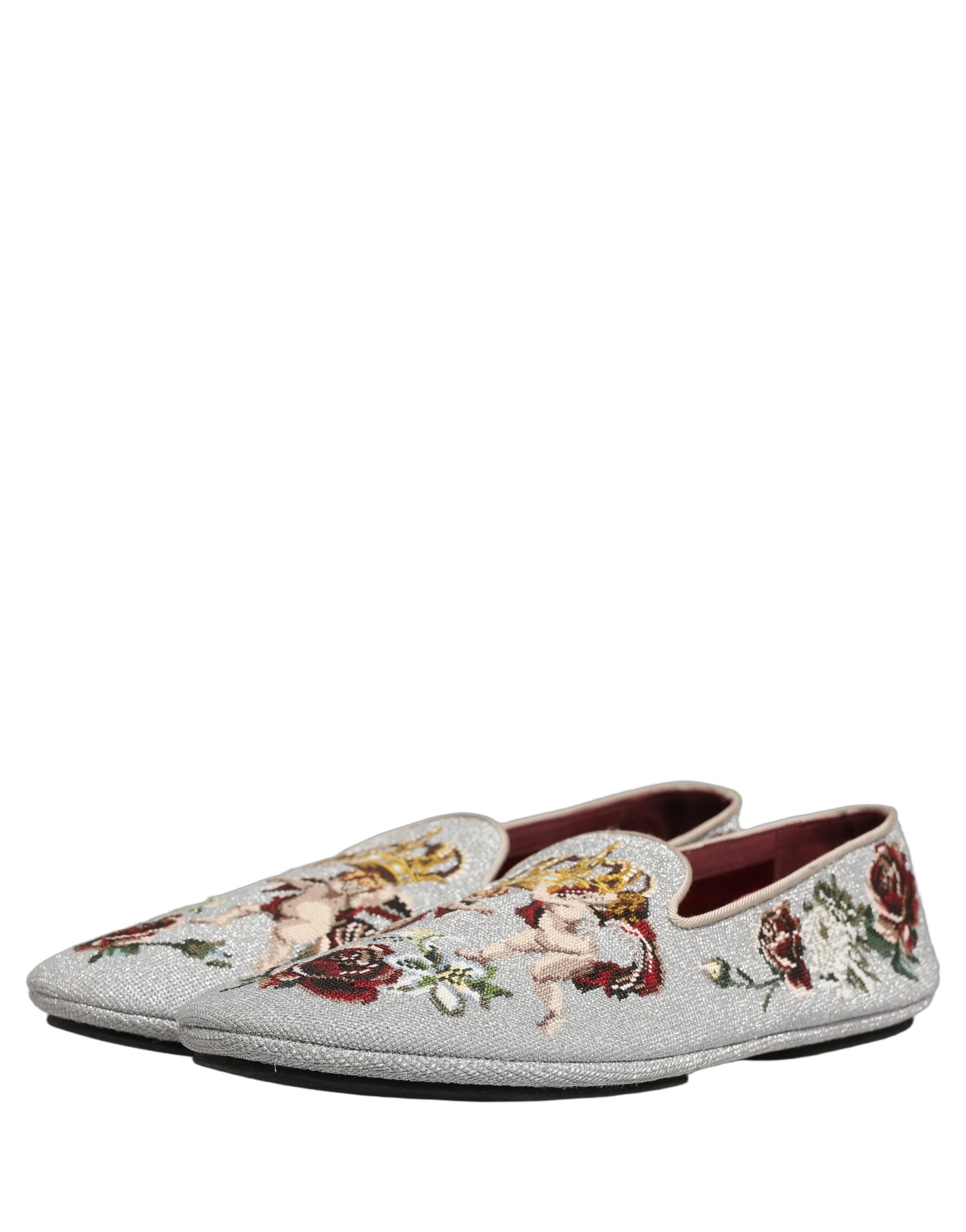 Chaussures loafers Dolce & Gabbana gris avec broderie d'ange, couronne et roses, en cuir élégant pour femmes.