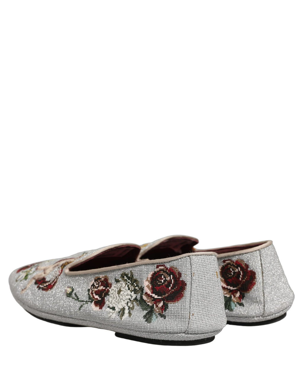 Chaussures mocassins Dolce & Gabbana gris avec broderie d'ange, couronne et rose, élégantes et détaillées, pour un style sophistiqué