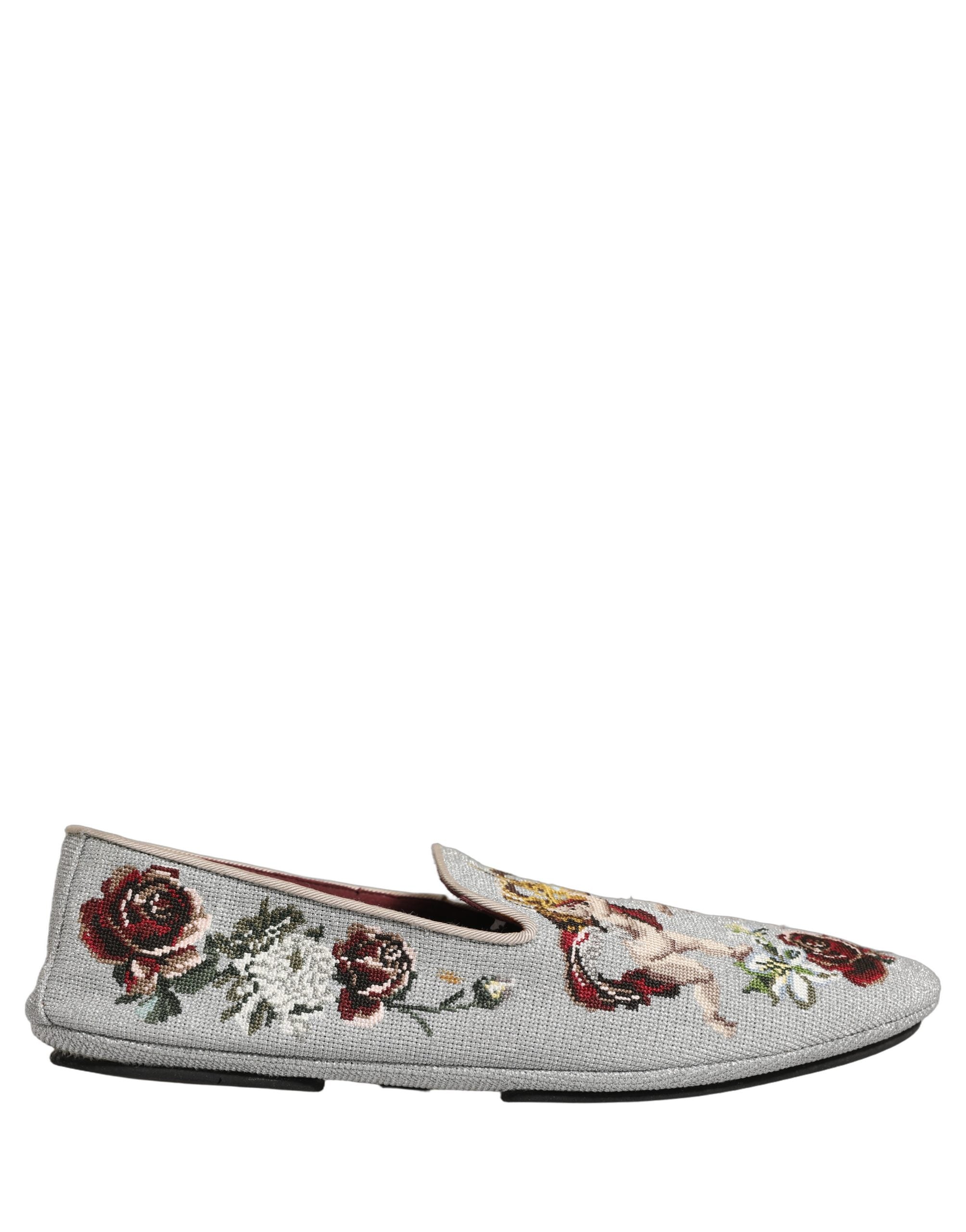 Mocassins Dolce & Gabbana gris avec broderie d'ange, couronne et rose, élégants chaussures en cuir pour femmes