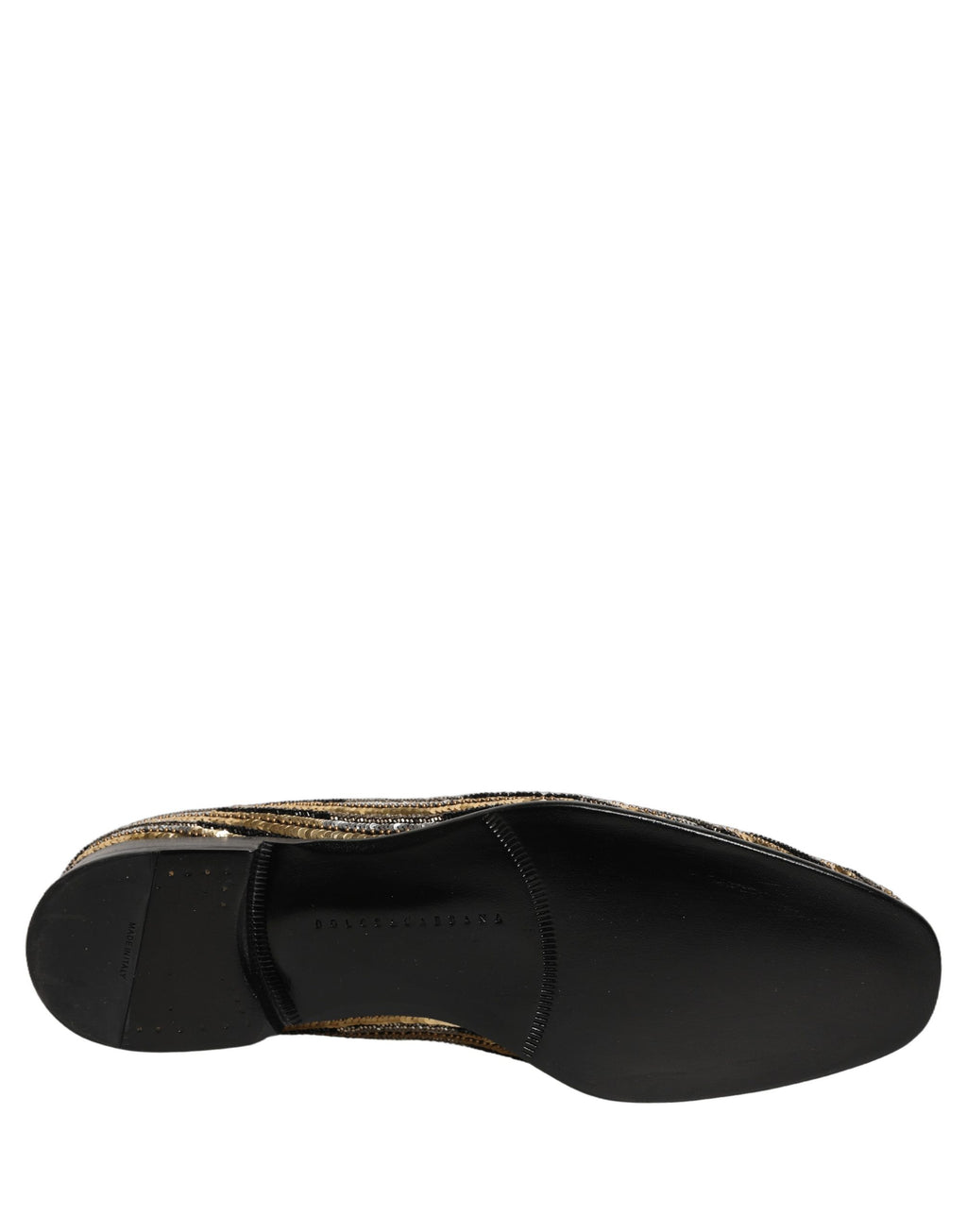 Chaussures loafers Dolce & Gabbana dorées à rayures avec sequins et embellissements, vue en gros plan.