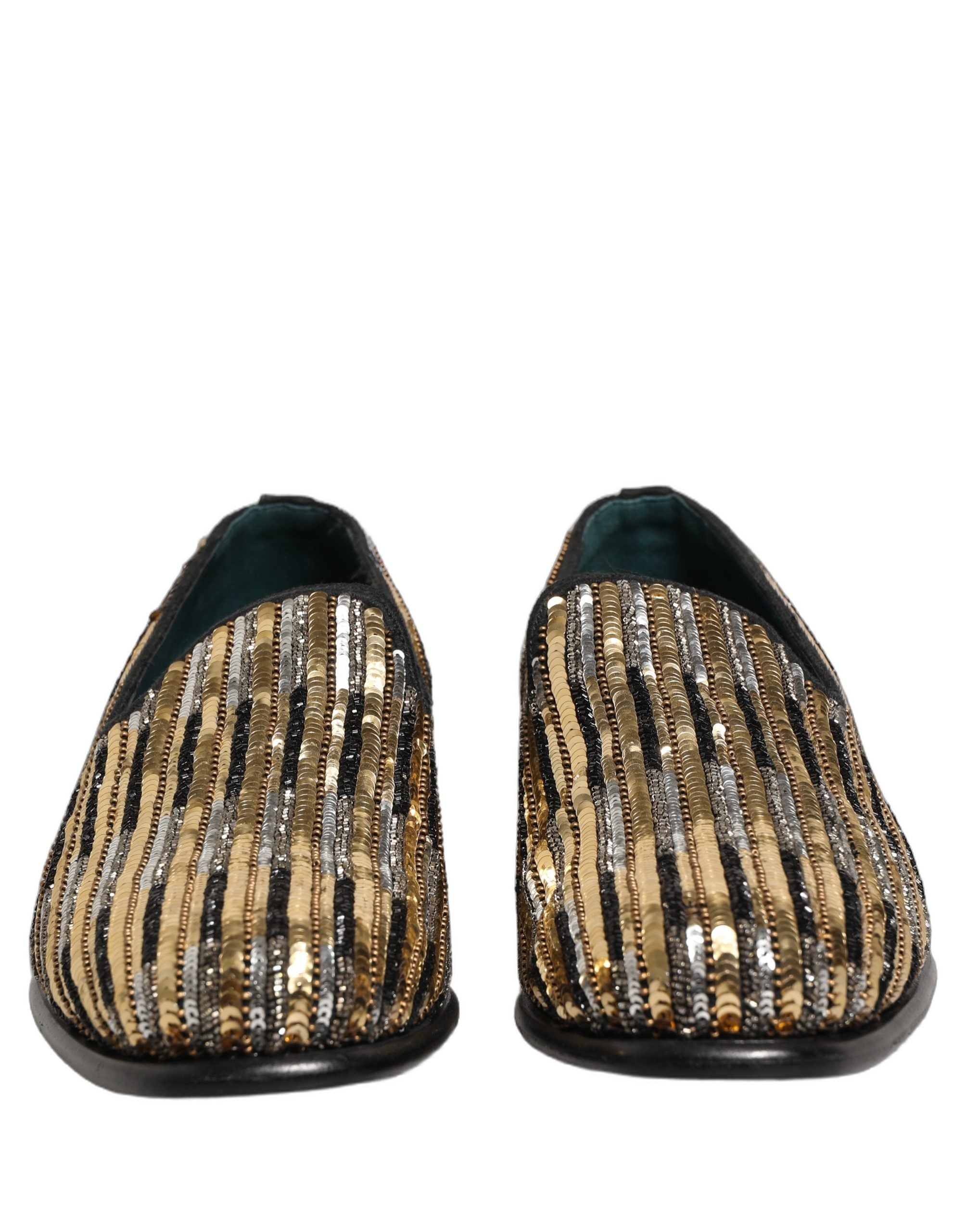 Chaussures loafers Dolce & Gabbana en sequins dorés à rayures et embellissements luxueux.