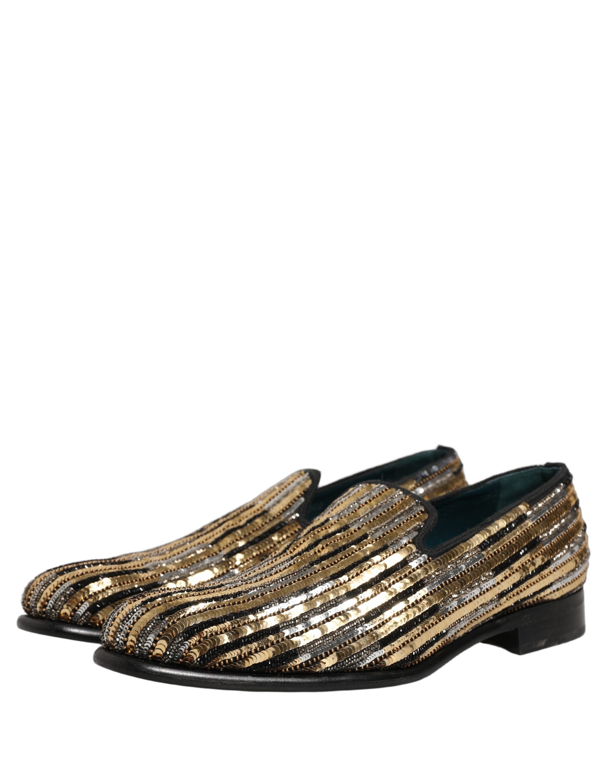 Chaussures mocassins Dolce & Gabbana or avec rayures à sequins et embellissements dorés, finition élégante et sophistiquée.
