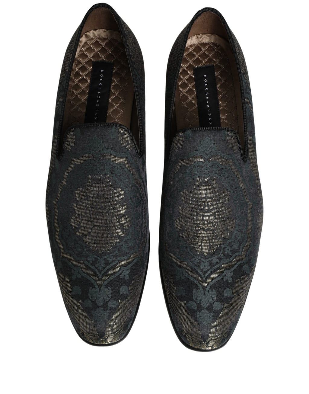 Chaussures mocassins Dolce & Gabbana en brocart noir à motifs floraux, slip-on élégants et raffinés.