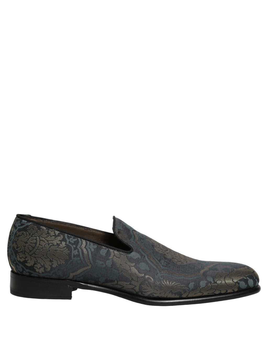 Mocassins Dolce & Gabbana en tissu brocart noir avec motif floral, style slip-on et semelle en cuir.