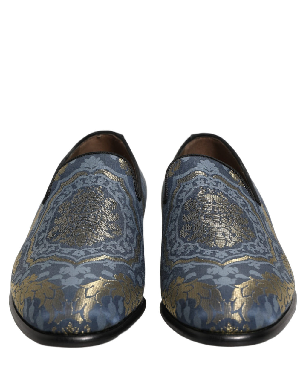 Chaussures Dolce & Gabbana mocassins en brocart floral bleu, sans lacets, avec design élégant et détails sophistiqués.