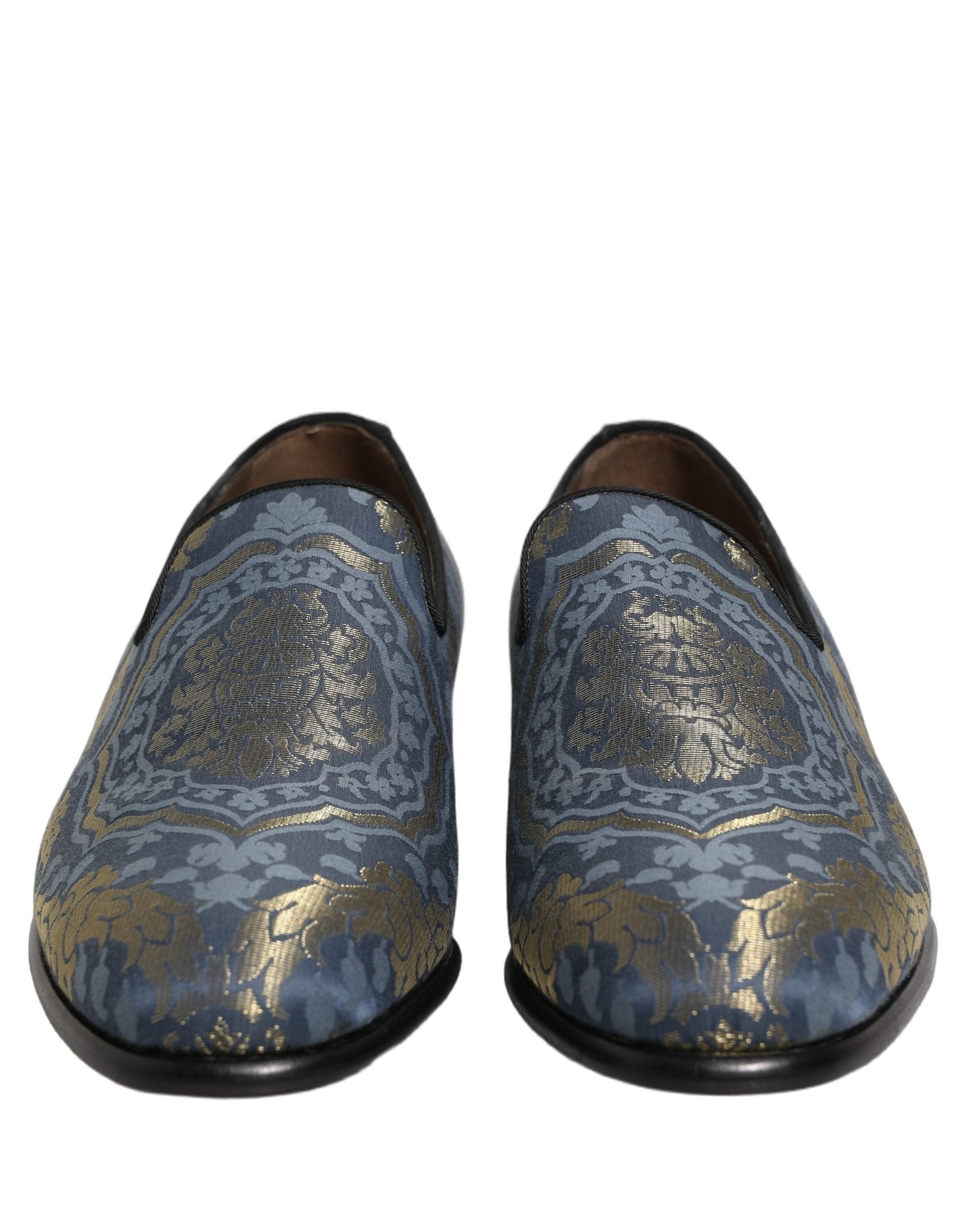 Chaussures Dolce & Gabbana mocassins en brocart floral bleu, sans lacets, avec design élégant et détails sophistiqués.