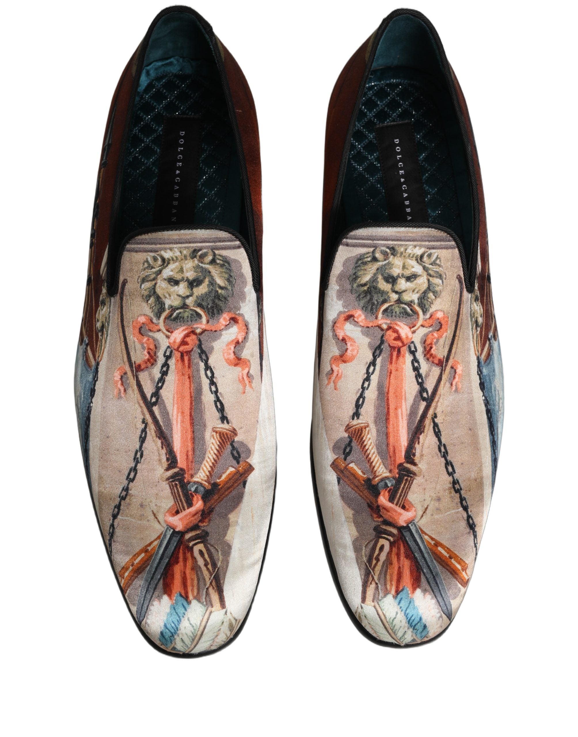 Chaussures slip-on Dolce & Gabbana lion multicolore, mocassins en toile avec motif lion pour hommes.