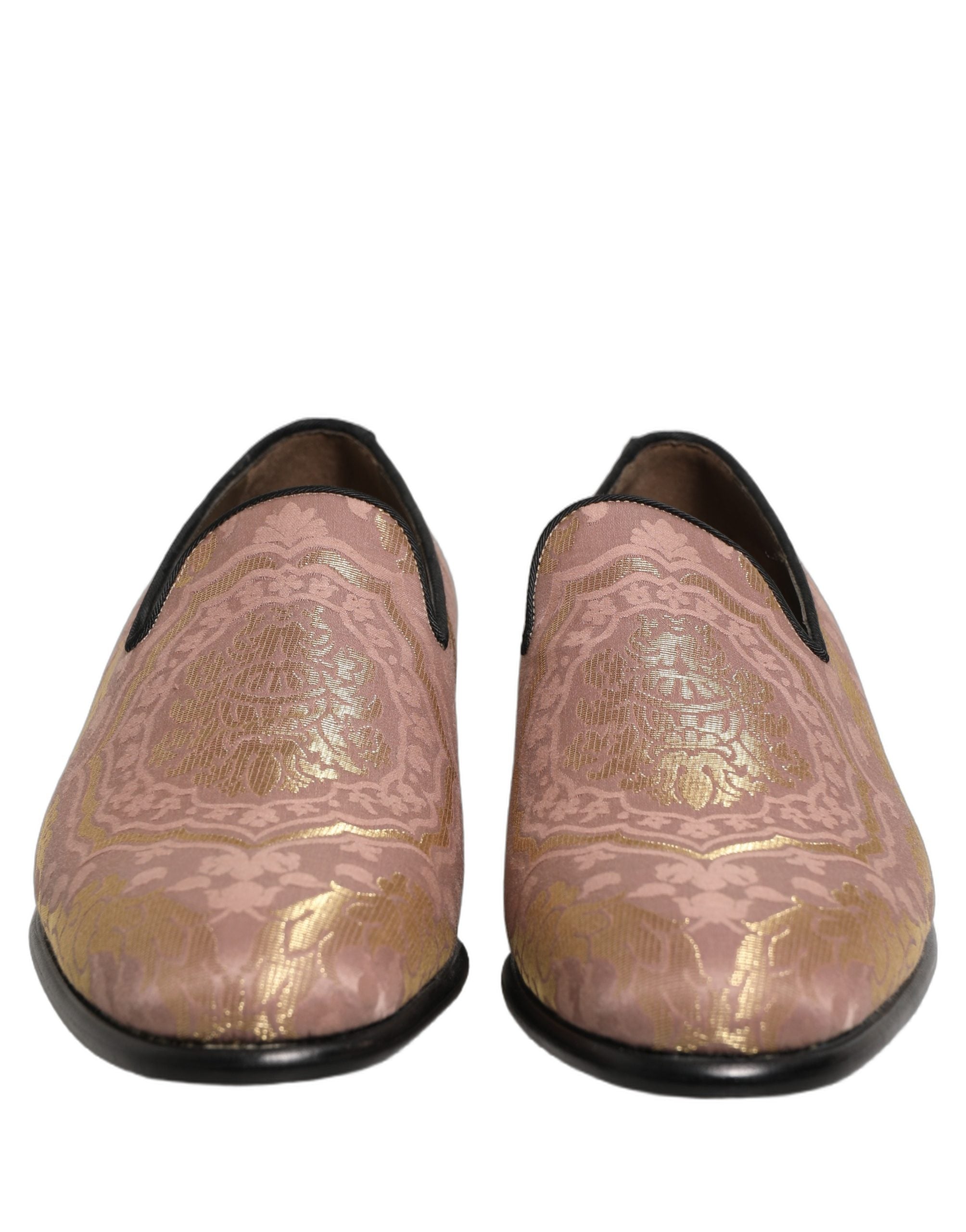 Chaussures mocassins hommes Dolce & Gabbana en brocart rose, slip-on élégants et sophistiqués.