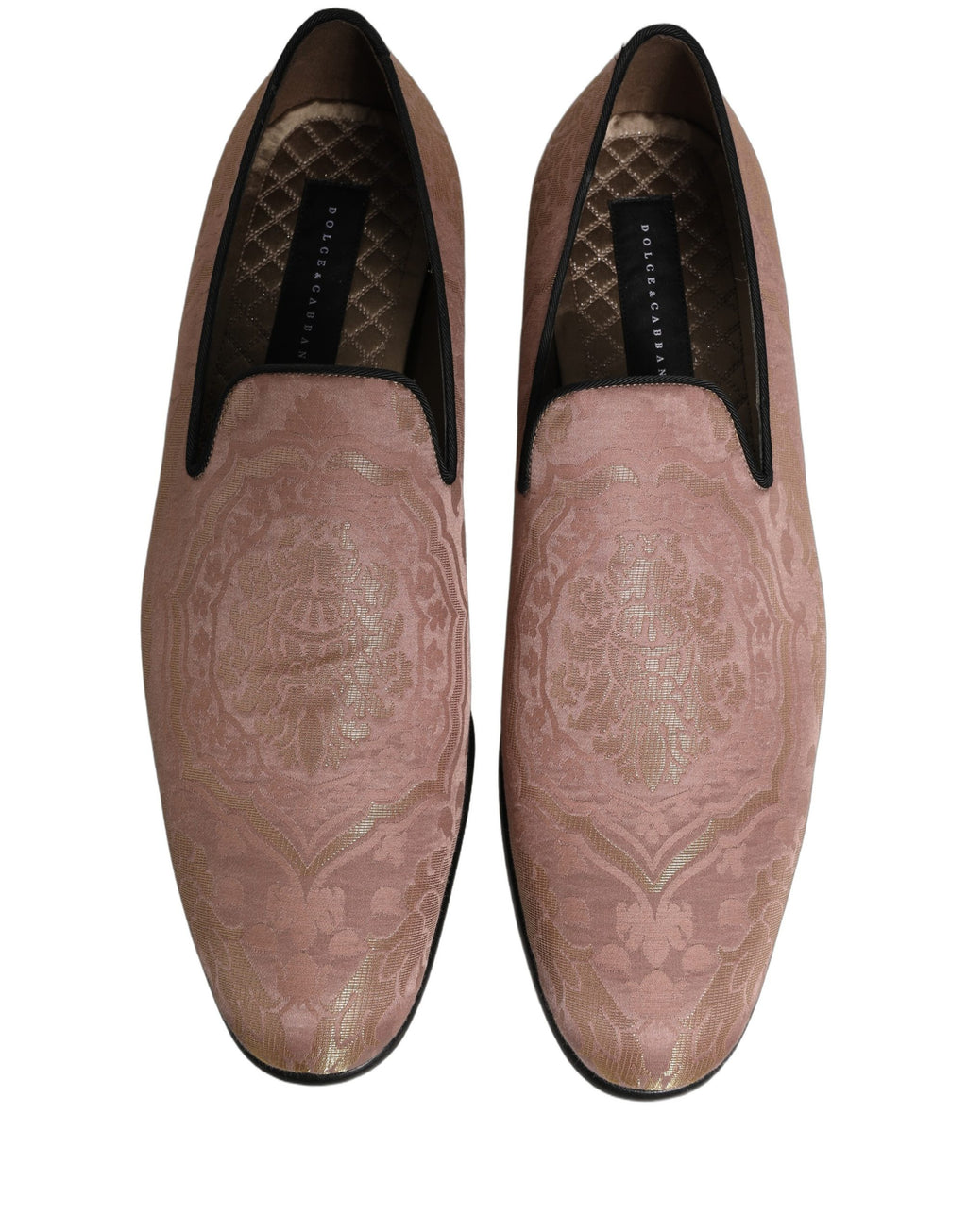 Chaussures mocassins hommes Dolce & Gabbana en brocart rose, slip-on élégants avec détails sophistiqués.