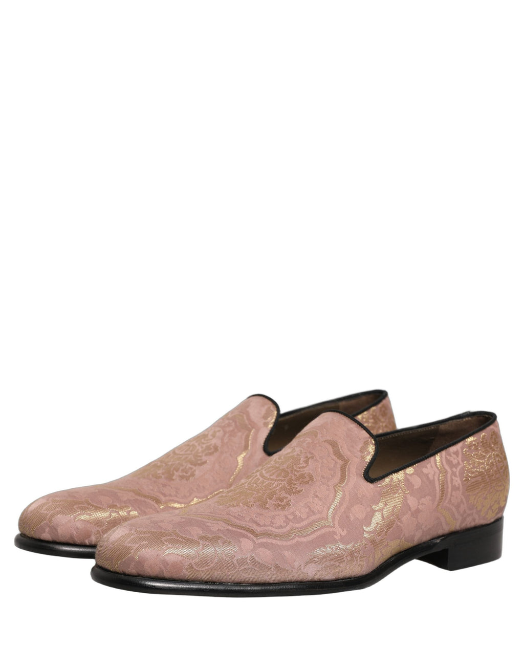 Chaussures mocassins homme Dolce & Gabbana en brocart rose, slip-on élégants avec détails sophistiqués.