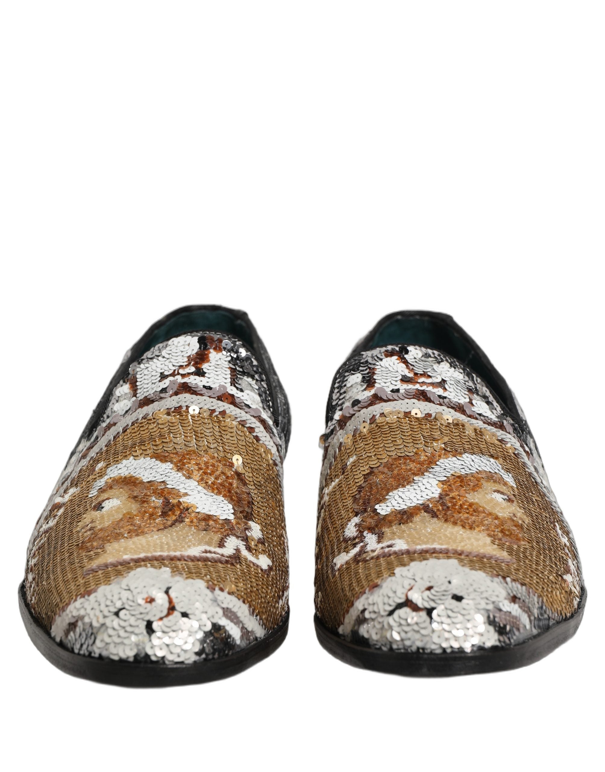 Chaussures mocassins Dolce & Gabbana blanches en or avec sequins, slip-on élégants pour femme.