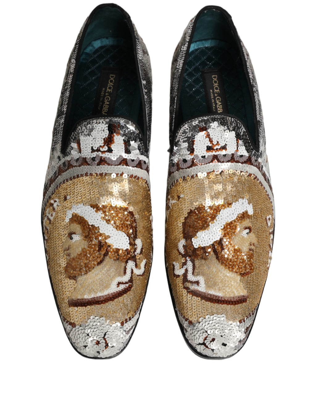 Mocassins Dolce & Gabbana blancs en or avec sequins, chaussures slip-on élégantes et brillantes à la mode.