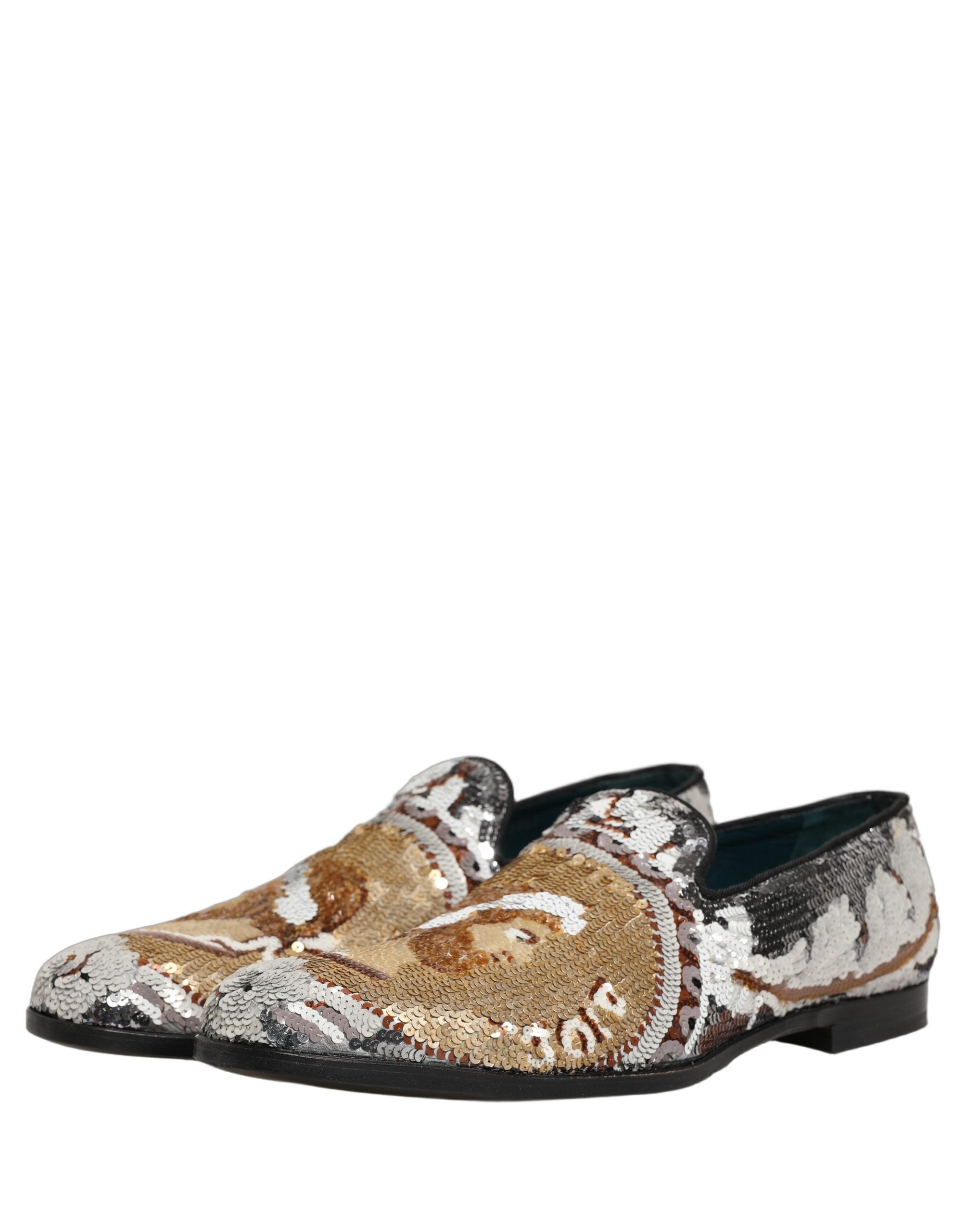 Chaussures Dolce & Gabbana mocassins slips en or blanc avec sequins, élégantes et confortables, vues de face.