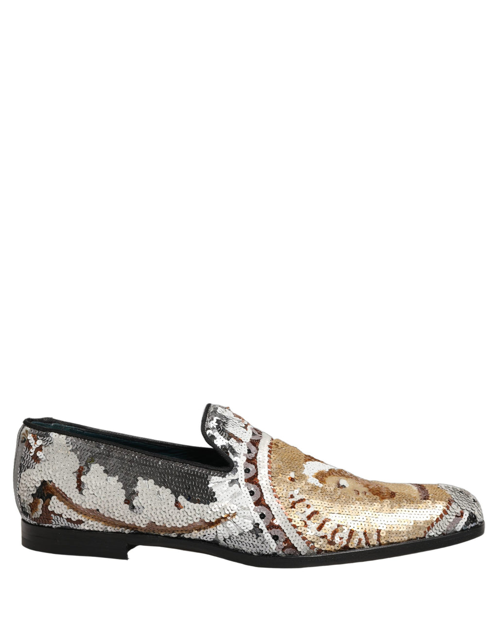 Chaussures mocassins Dolce & Gabbana blanches en or avec sequins, slip-on élégants pour femme.