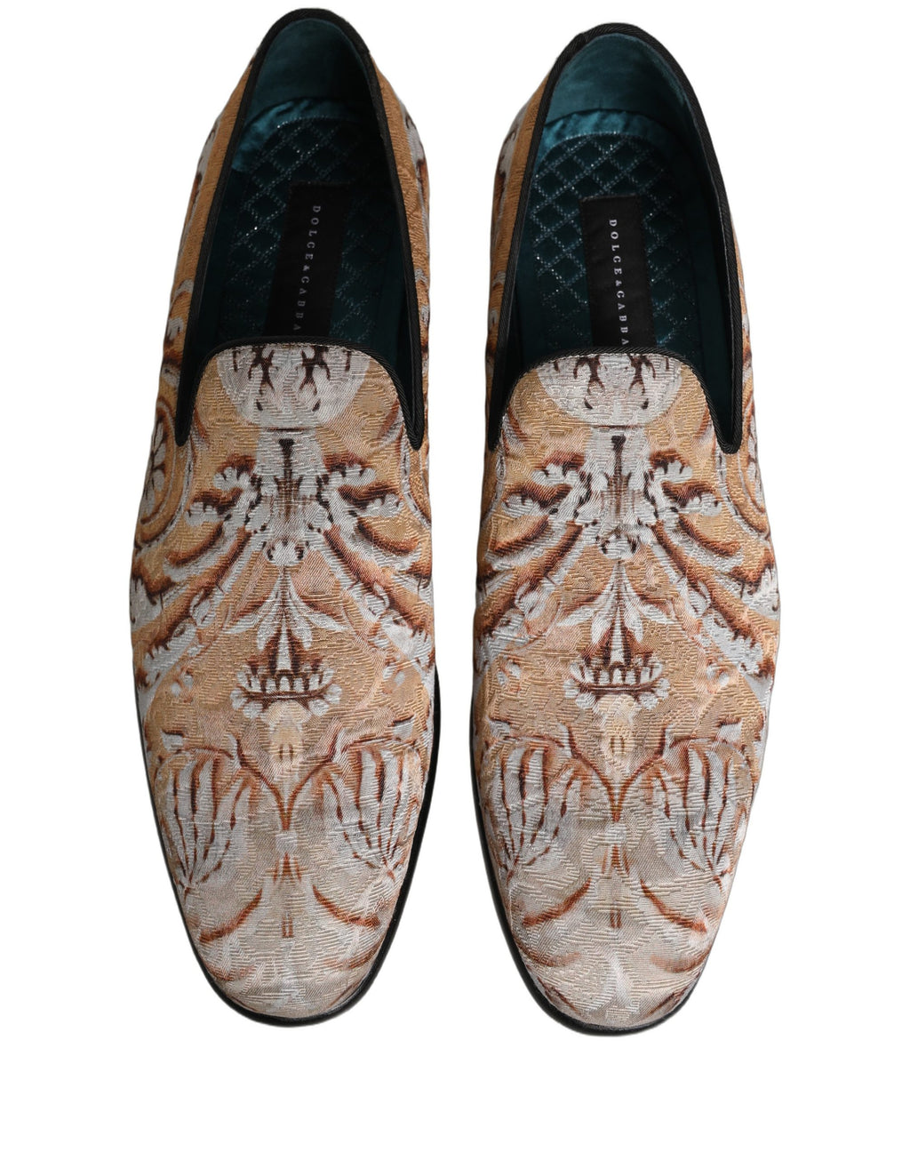 Chaussures mocassins pour hommes Dolce & Gabbana en brocart doré baroque, élégantes et luxueuses.