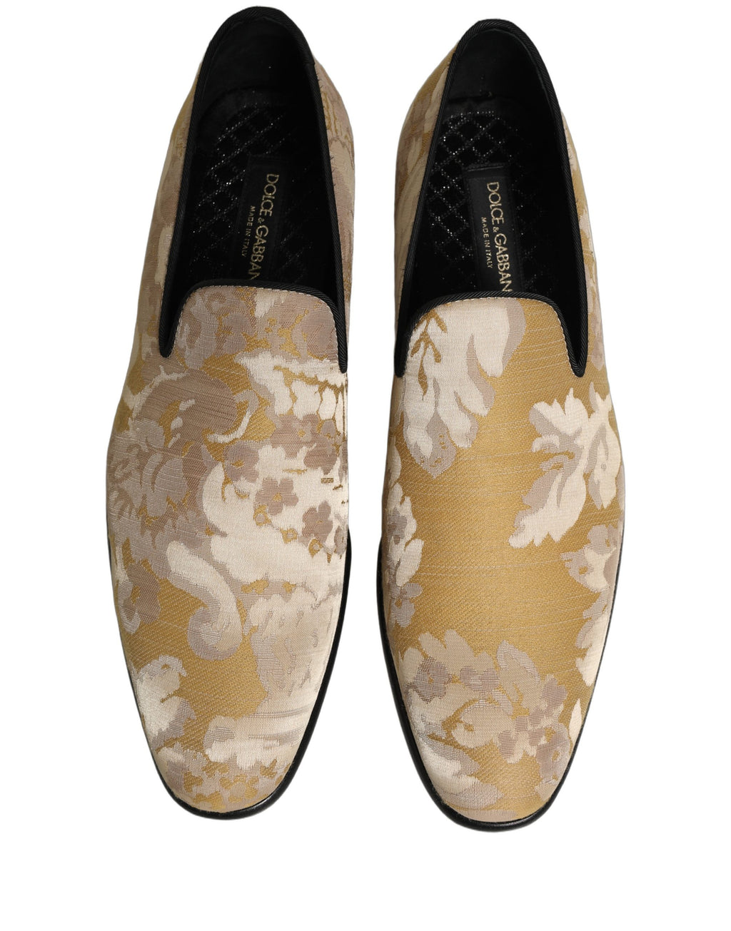 Mocassins homme Dolce & Gabbana en jacquard à motif floral doré, chaussure élégante avec détails raffinés.