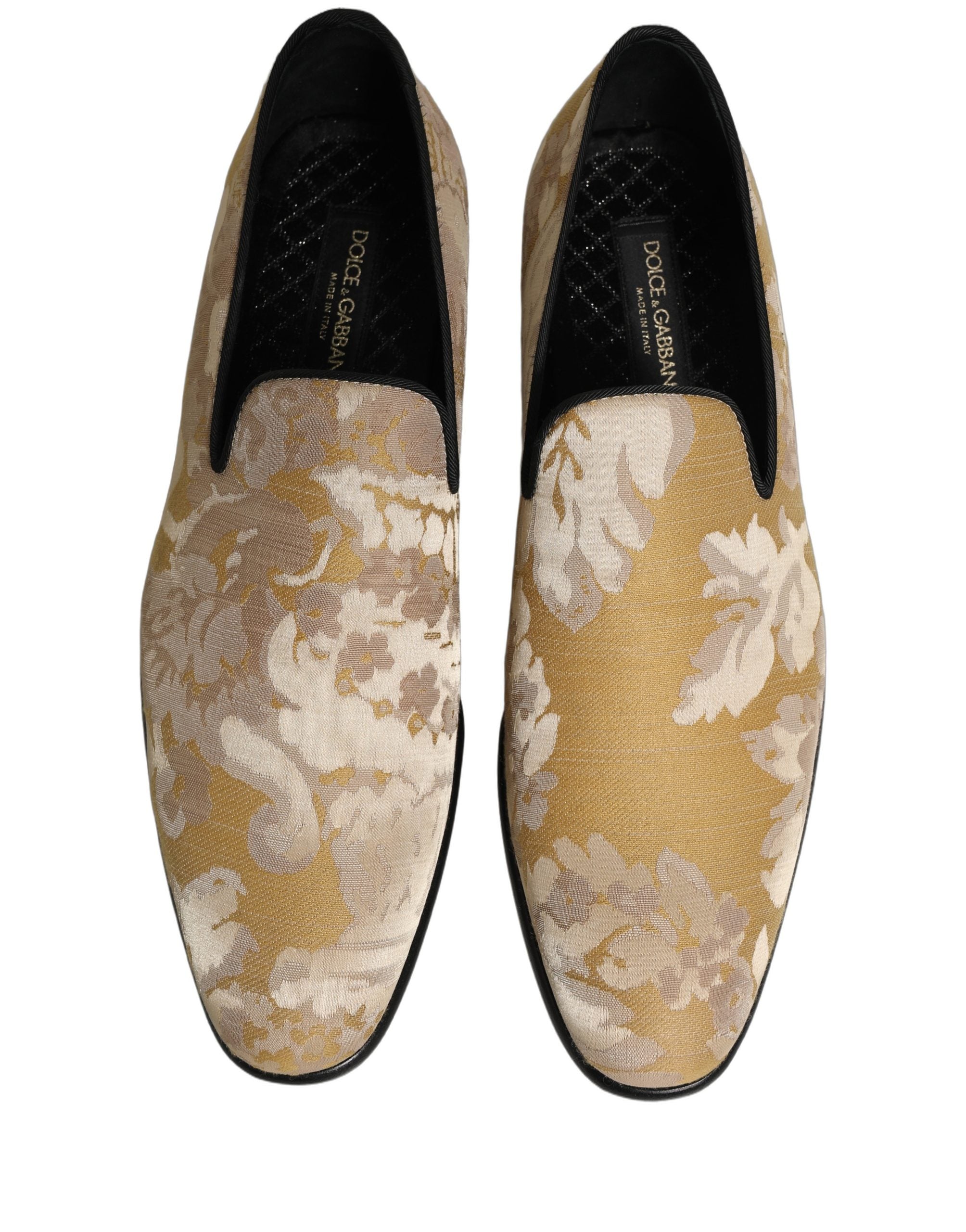 Mocassins homme Dolce & Gabbana en jacquard à motif floral doré, chaussure élégante avec détails raffinés.