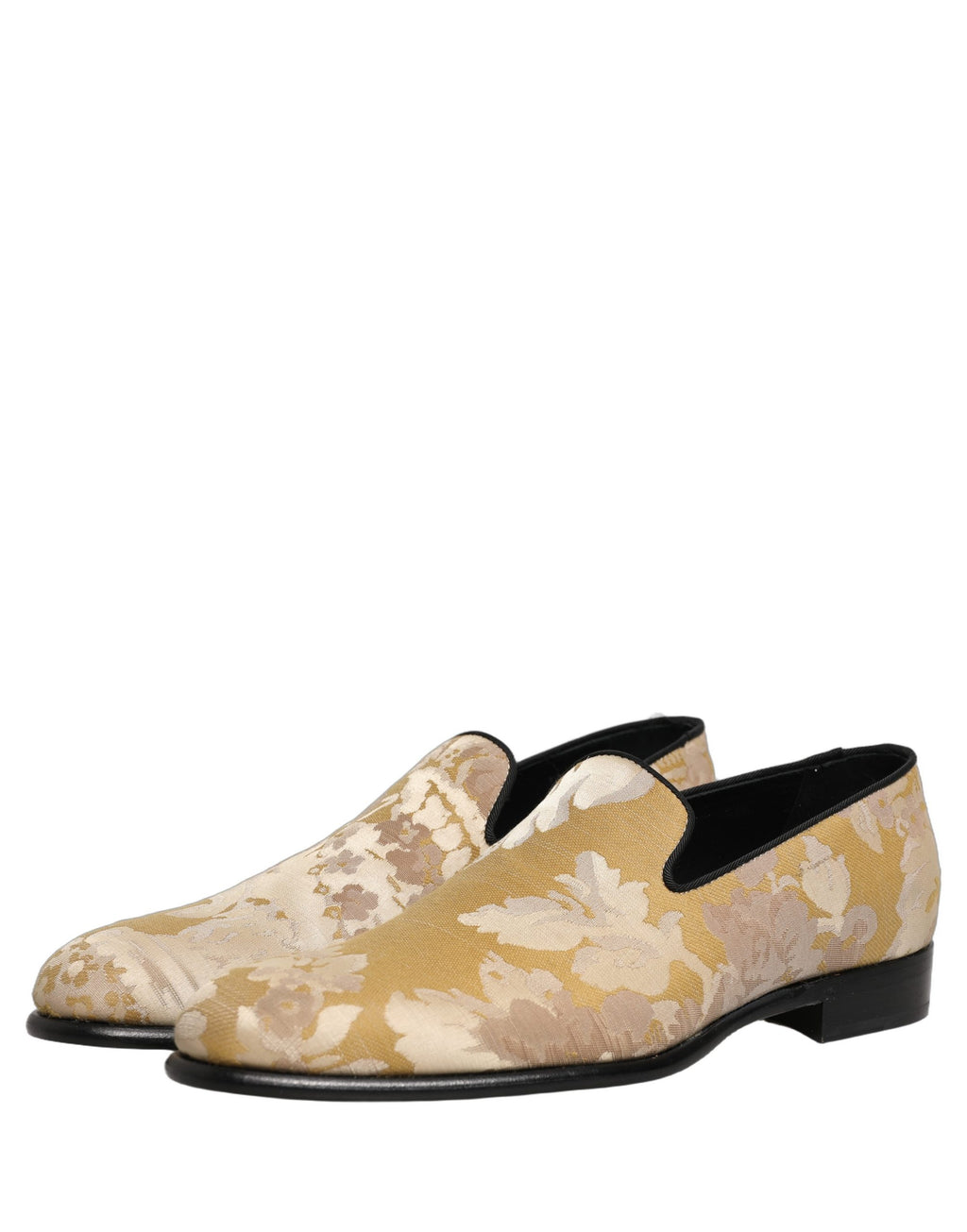 Chaussures mocassins pour homme Dolce & Gabbana en jacquard or avec imprimé floral, élégantes et sophistiquées.