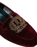 Chaussures loafers Dolce & Gabbana en velours bordeaux avec une couronne dorée, style slip-on élégante pour homme.
