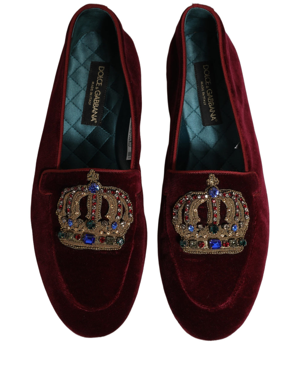 Chaussures Dolce & Gabbana en velours bordeaux, mocassins à enfiler avec couronne élégante, pour un style sophistiqué.