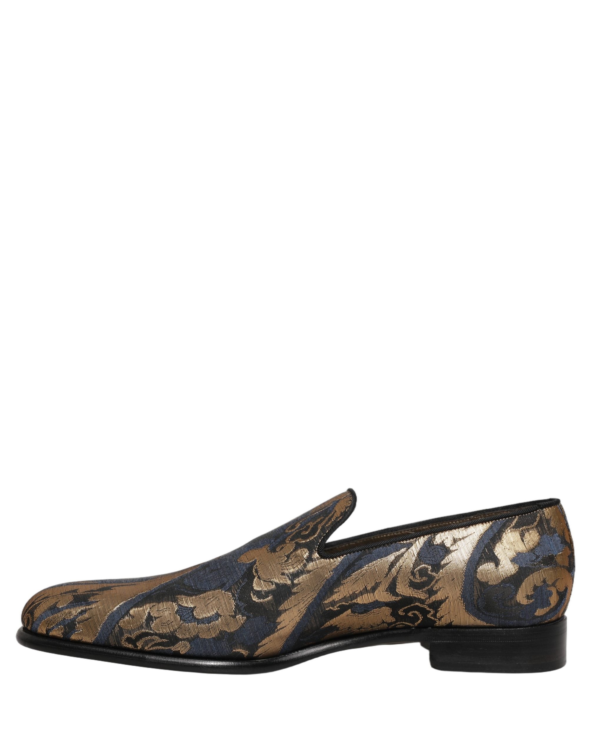 Chaussures mocassins homme Dolce & Gabbana en brocart bleu, slip-on élégants pour tenue habillée.