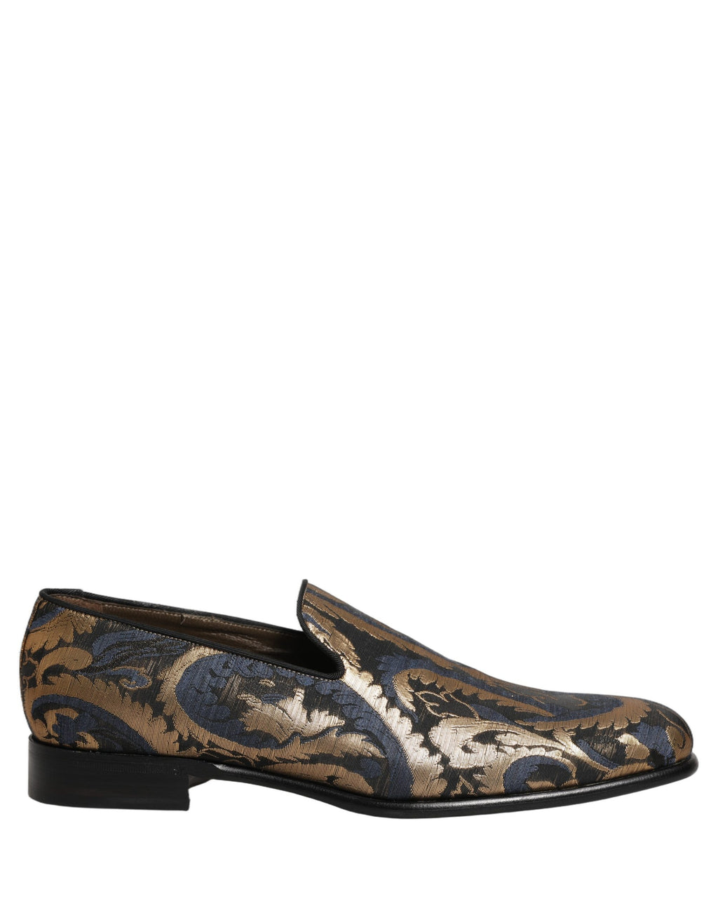 Chaussures mocassins homme Dolce & Gabbana en satin bleu à brocart, finition élégante et confortable.
